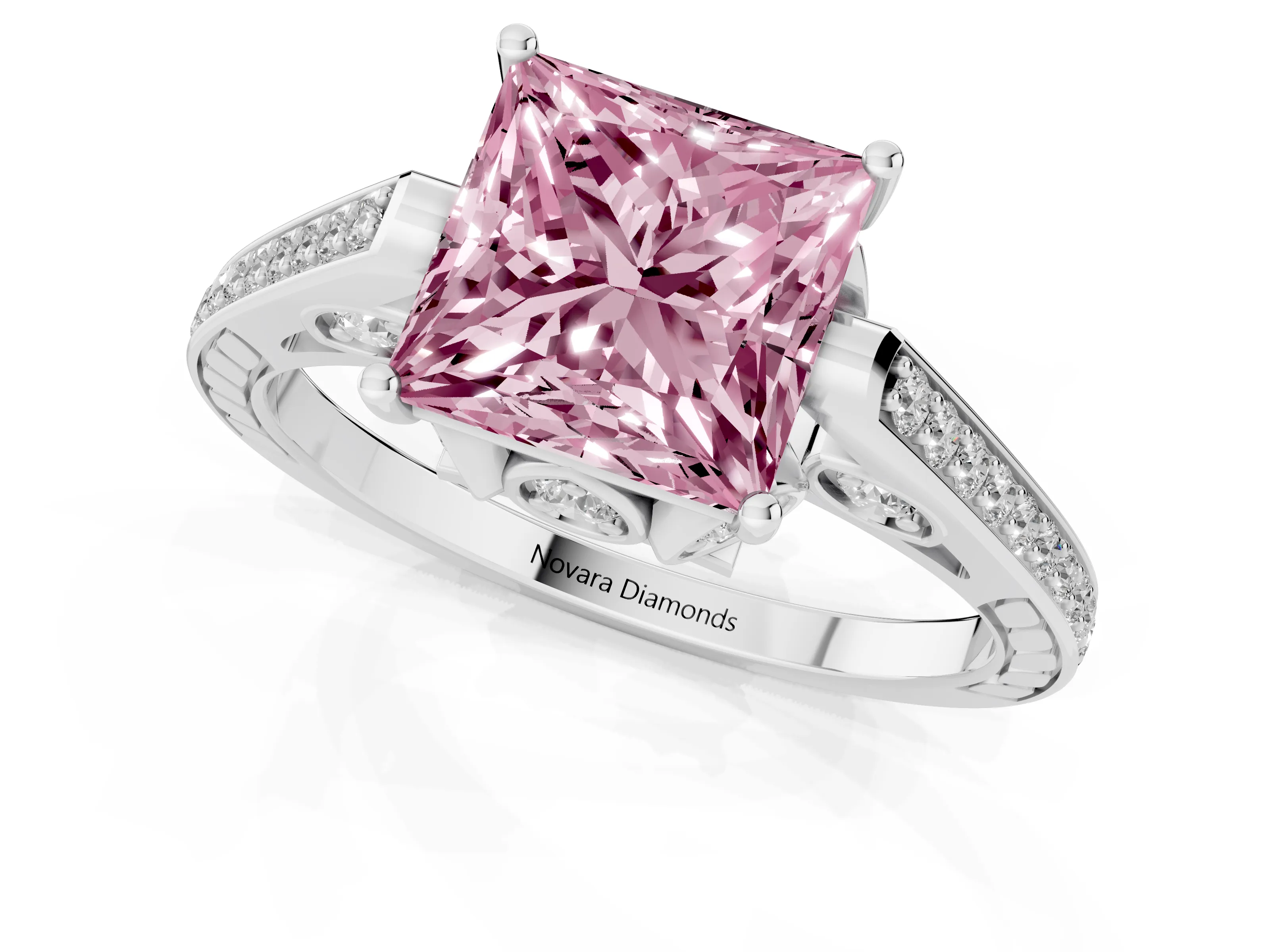 Fancy Pink Princess Cut Diamond Cathedral Pavé Engagement Ring Set in White gold with Prong Setting