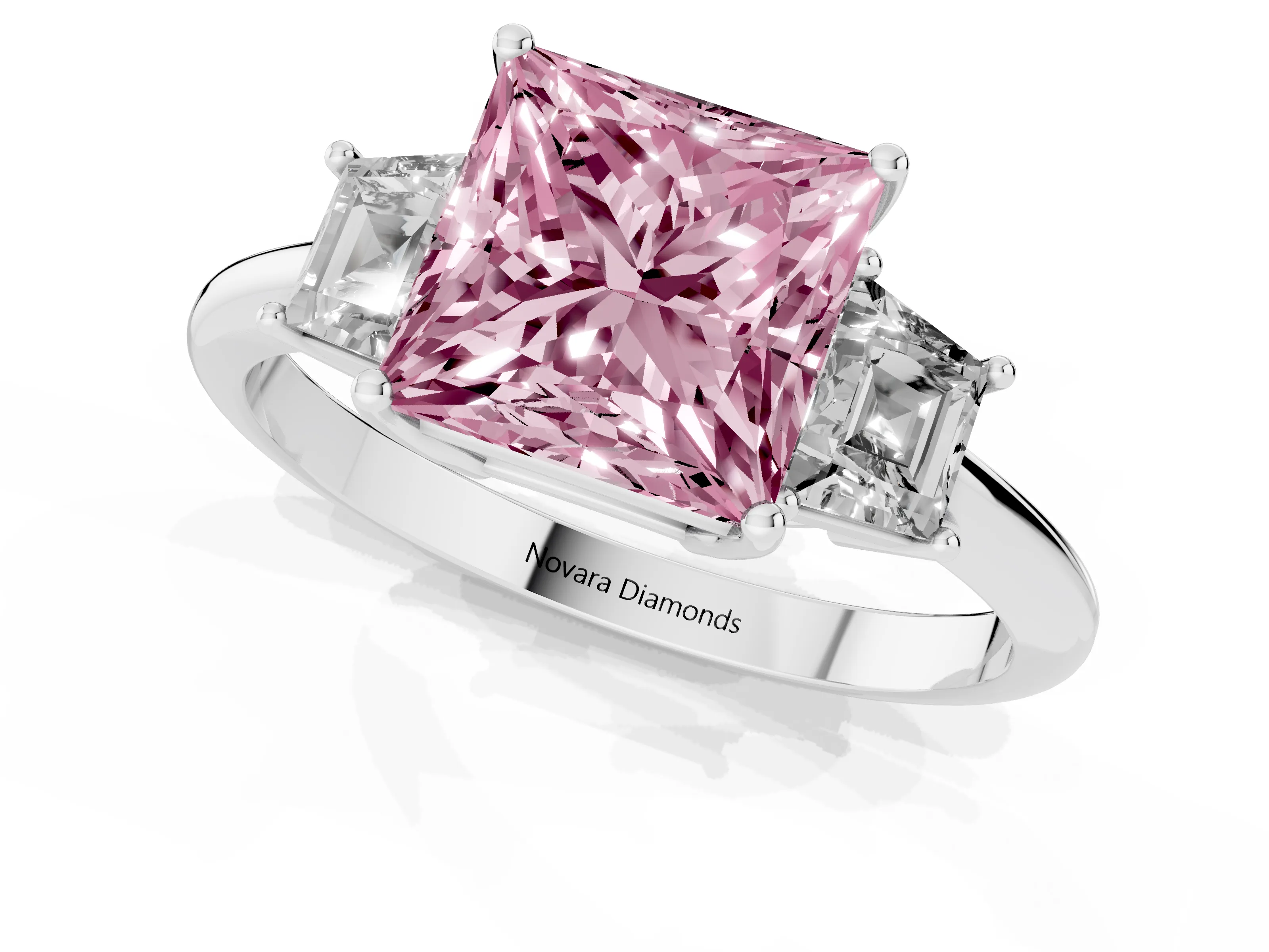 Fancy Pink Princess Cut Diamond Three-Stone Ring Set in Silver with Trapezoid Side Stones and Prong Setting