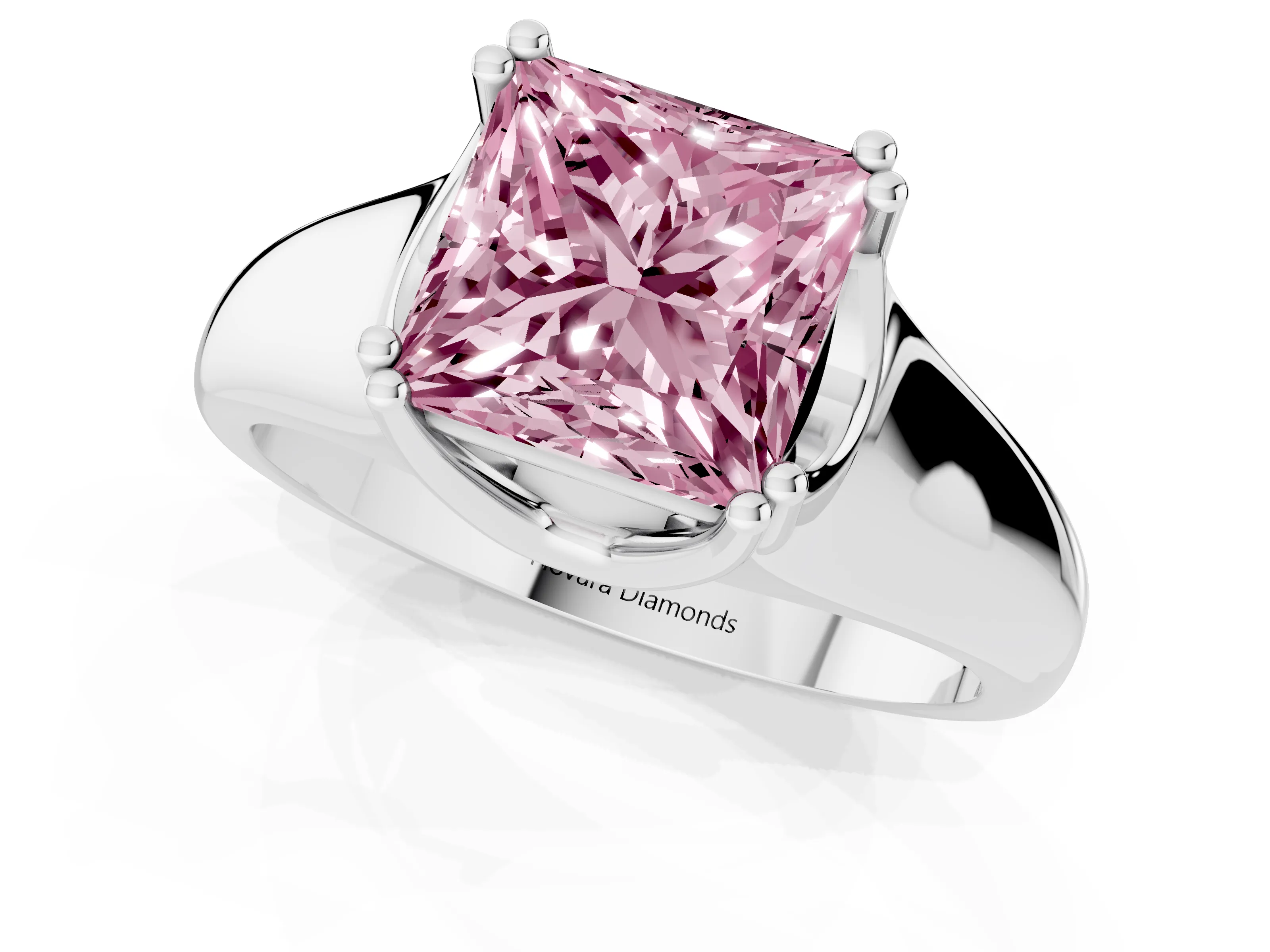 Fancy Pink Princess Cut Diamond Solitaire Ring Set in Platinum with Wide Band and Prong Setting