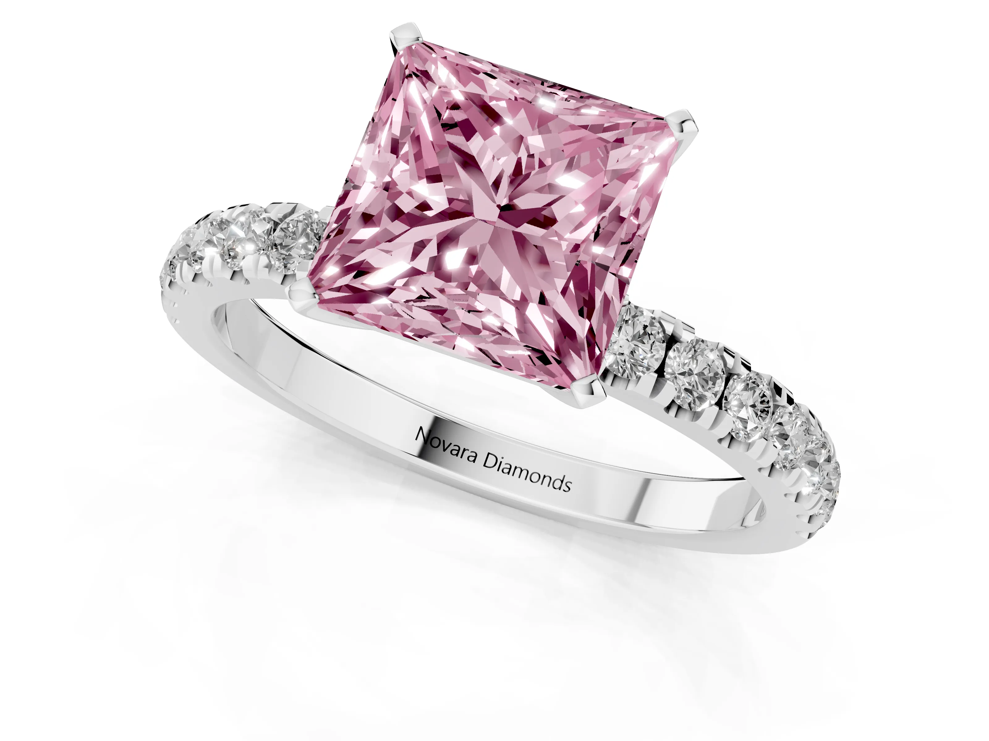 Fancy Pink Princess Cut Diamond Solitaire Ring Set in Silver with Pavé Accents and Prong Setting
