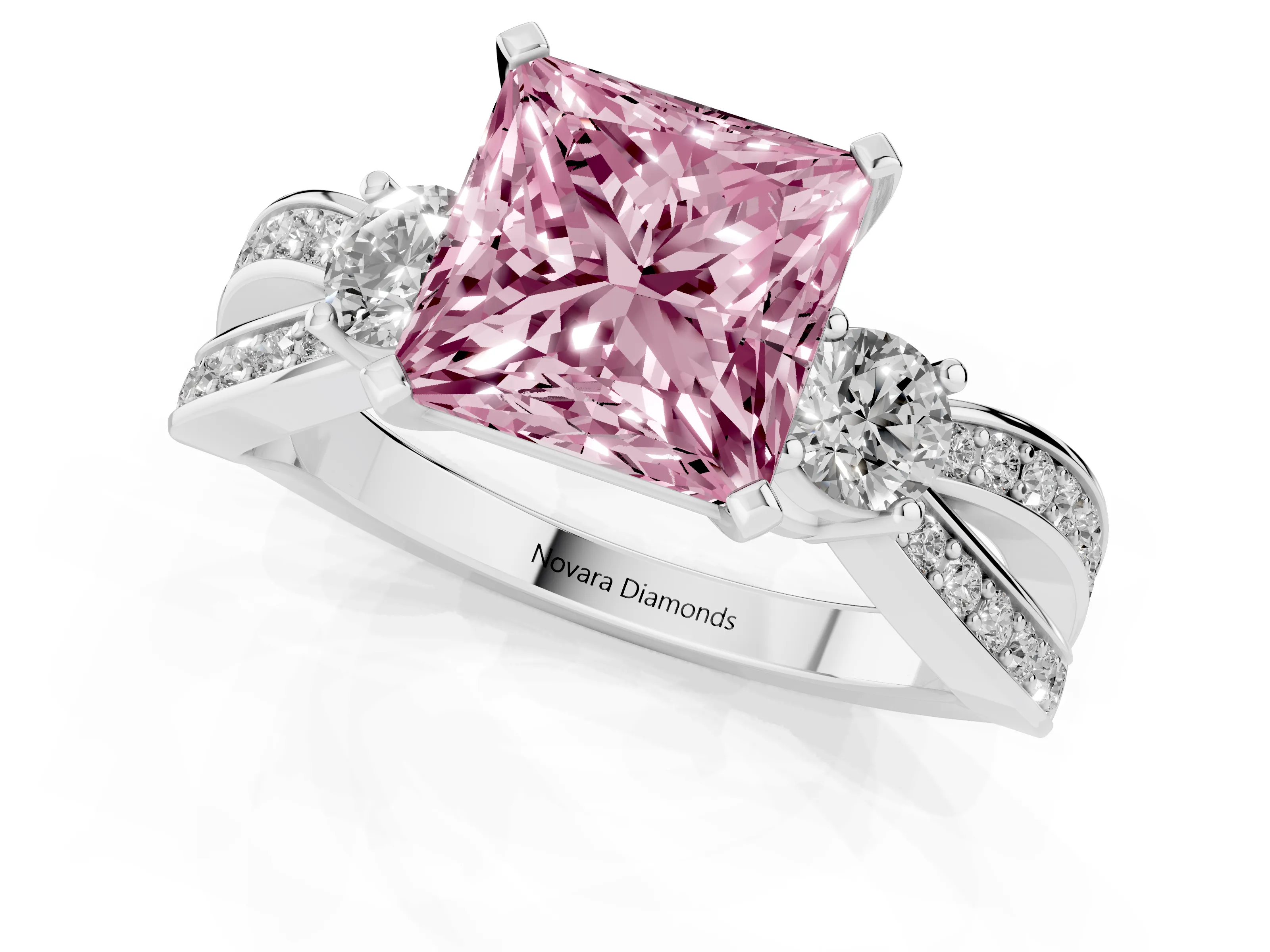 Fancy Pink Three-Stone Princess Cut Diamond Twist Band Ring Set in Platinum with Pavé Accents and Prong Setting
