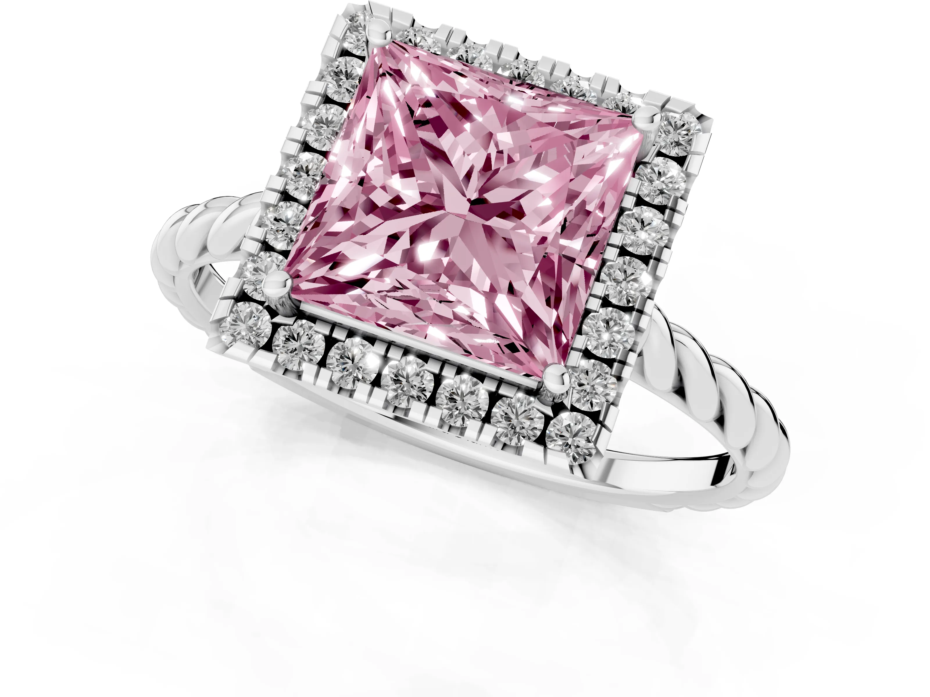 Fancy Pink Princess Cut Diamond Halo Ring Set in Platinum with Plain Twisted Band