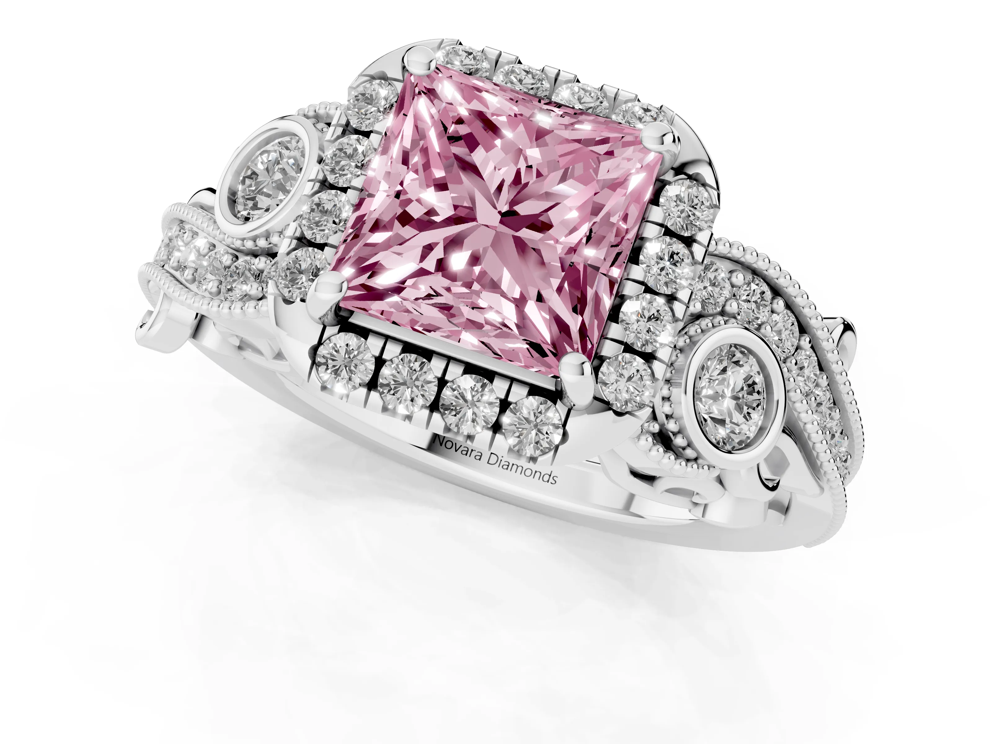 Fancy Pink Princess Cut Diamond Halo Split Shank Ring Set in Platinum with Milgrain and Bezel Accents