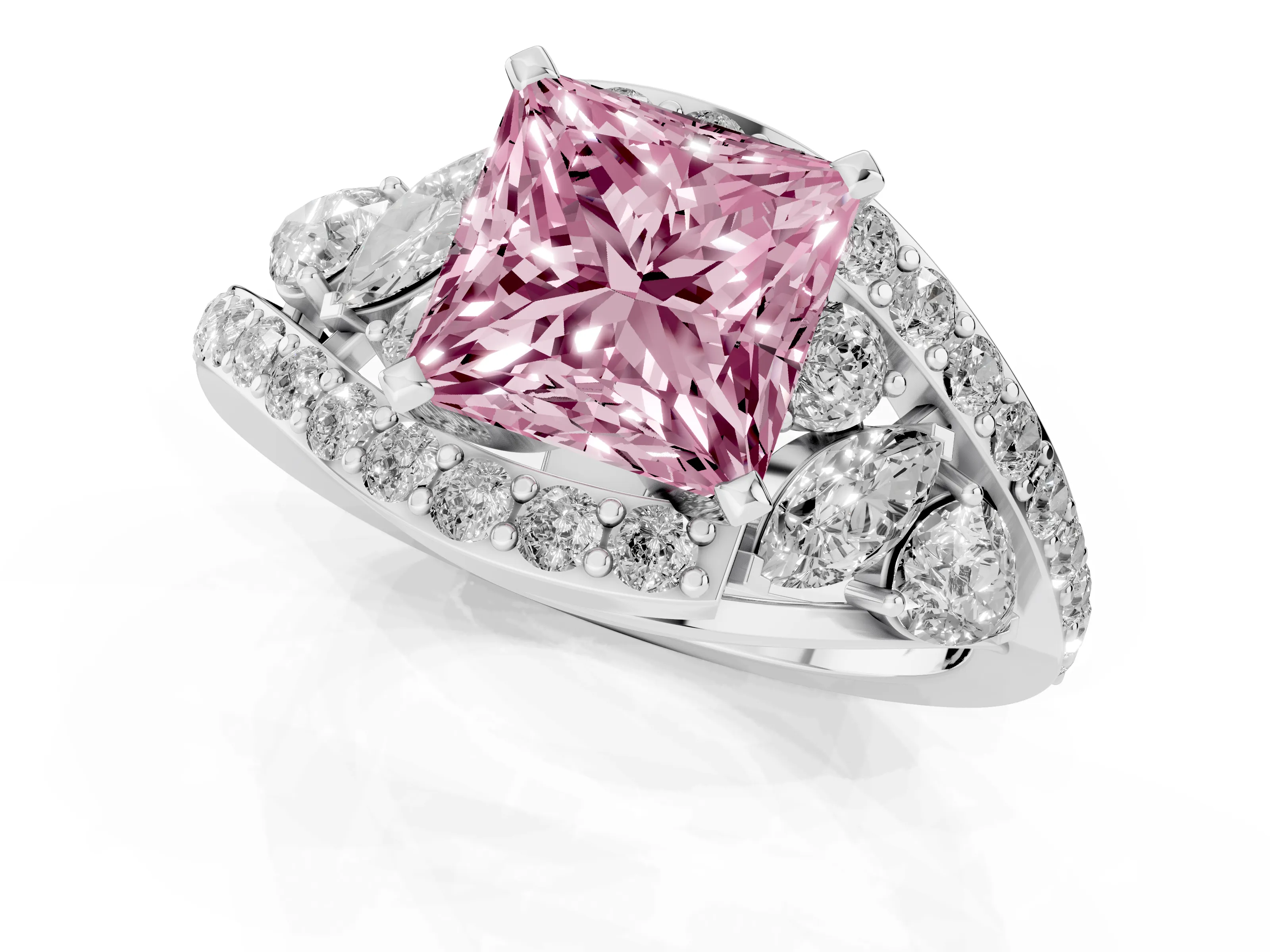 Fancy Pink Princess Cut Diamond Halo Ring Set in White gold with Marquise and Pavé Band in Prong Setting