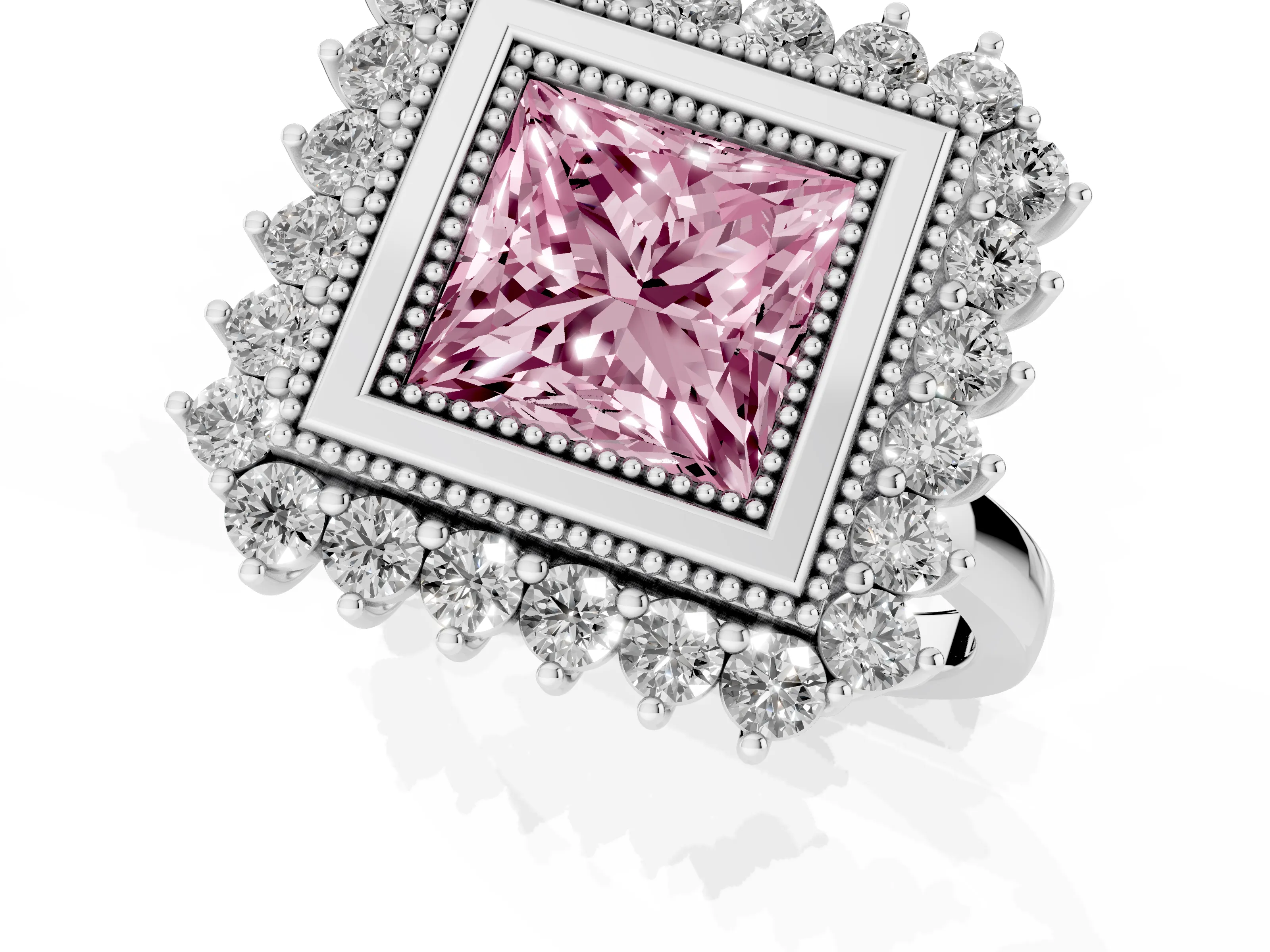 Fancy Pink Princess Cut Diamond Halo Ring Set in Platinum with Milgrain Edge and Round Prong Setting