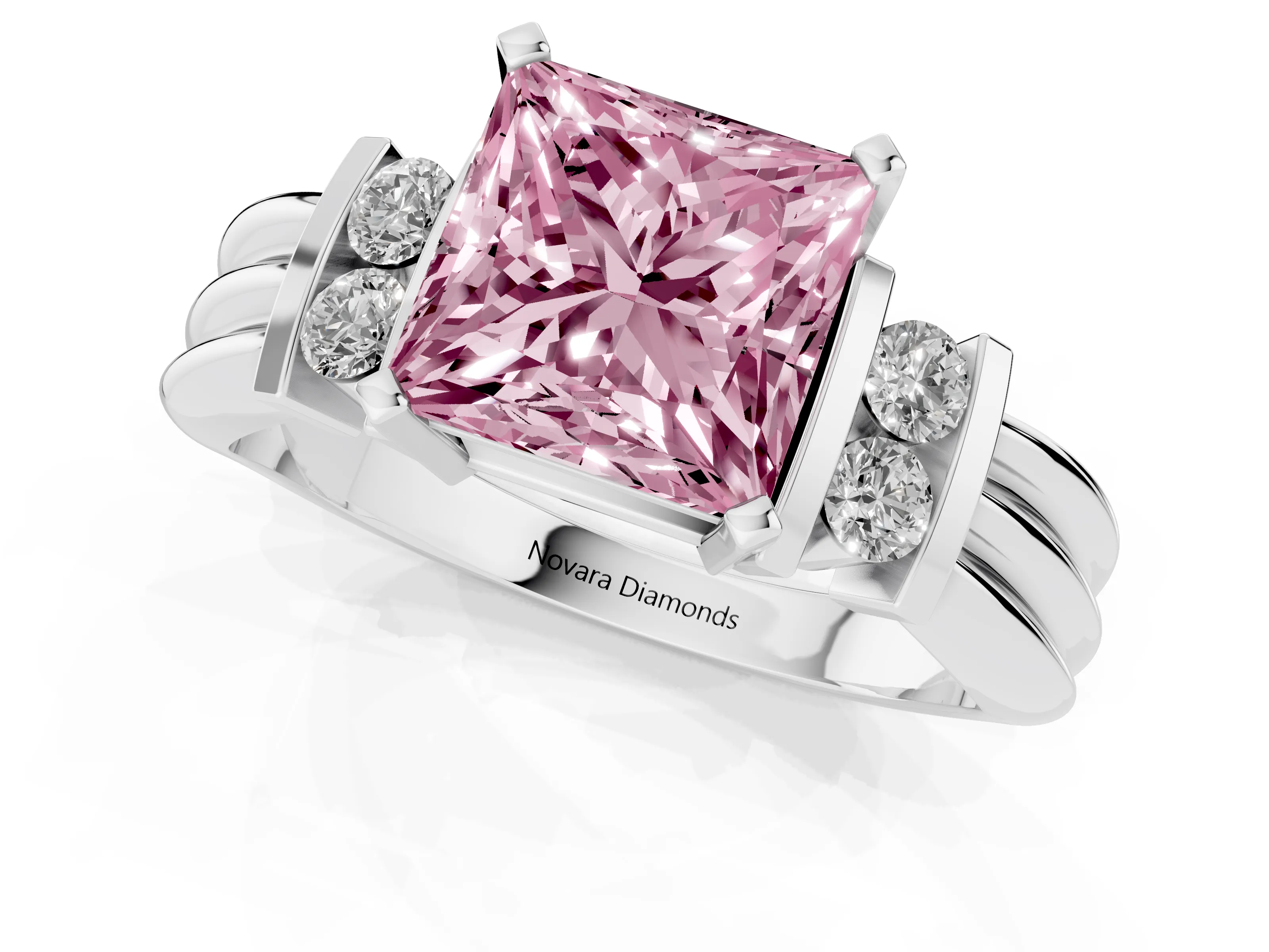 Fancy Pink Three-Stone Princess Cut Diamond Channel Set Ring Set in Platinum with Bar Prongs