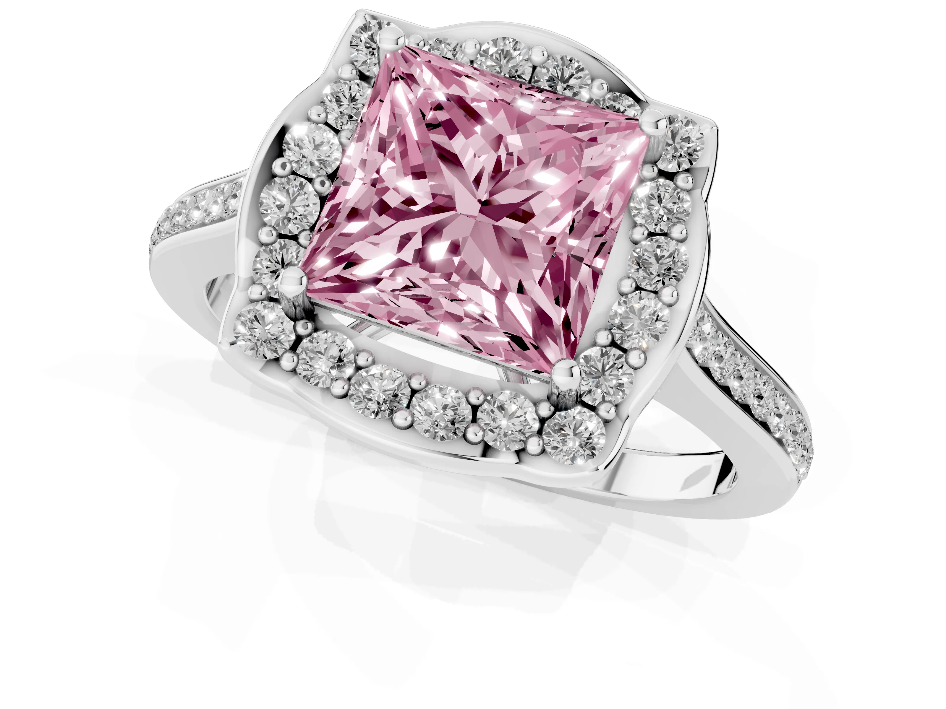 Fancy Pink Princess Cut Diamond Halo Ring Set in White gold with Pavé-Lined Shoulders and Prong Setting