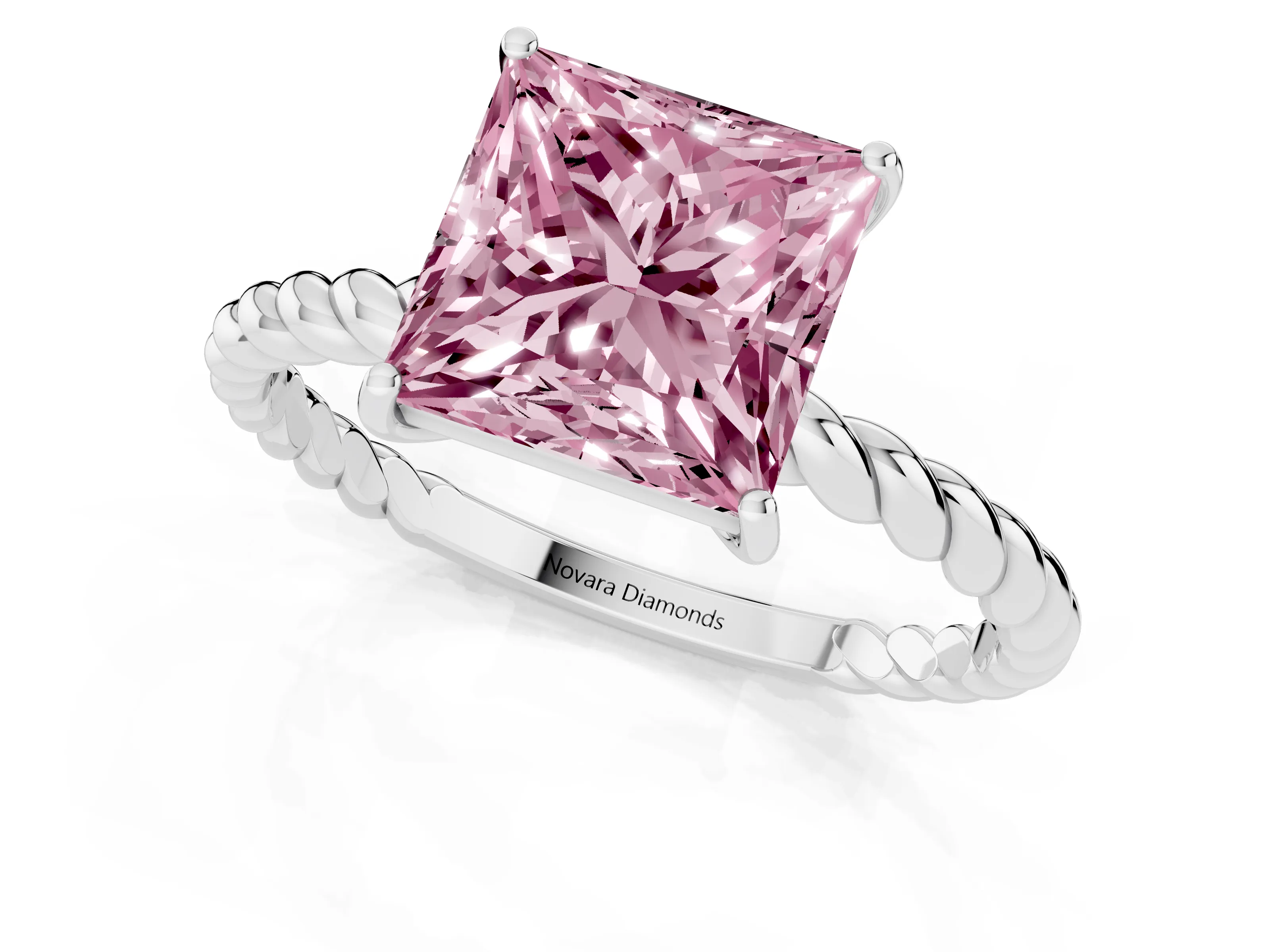 Fancy Pink Princess Cut Diamond Solitaire Ring Set in Platinum with Twist Band and Prong Setting