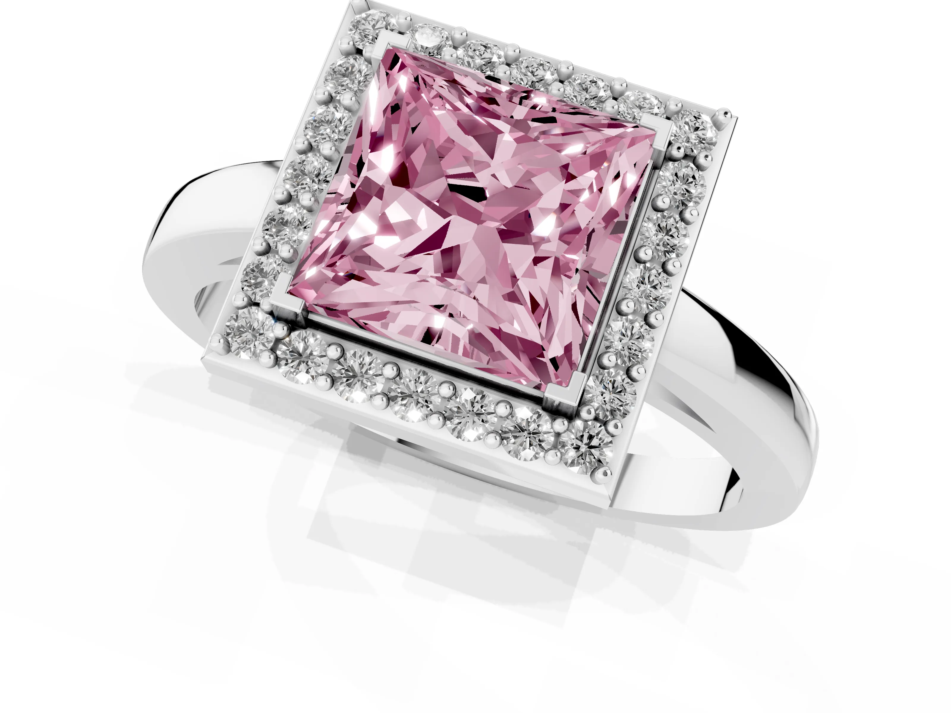Fancy Pink Princess Cut Diamond Halo Ring Set in White gold with Solitaire Band and Prong Setting