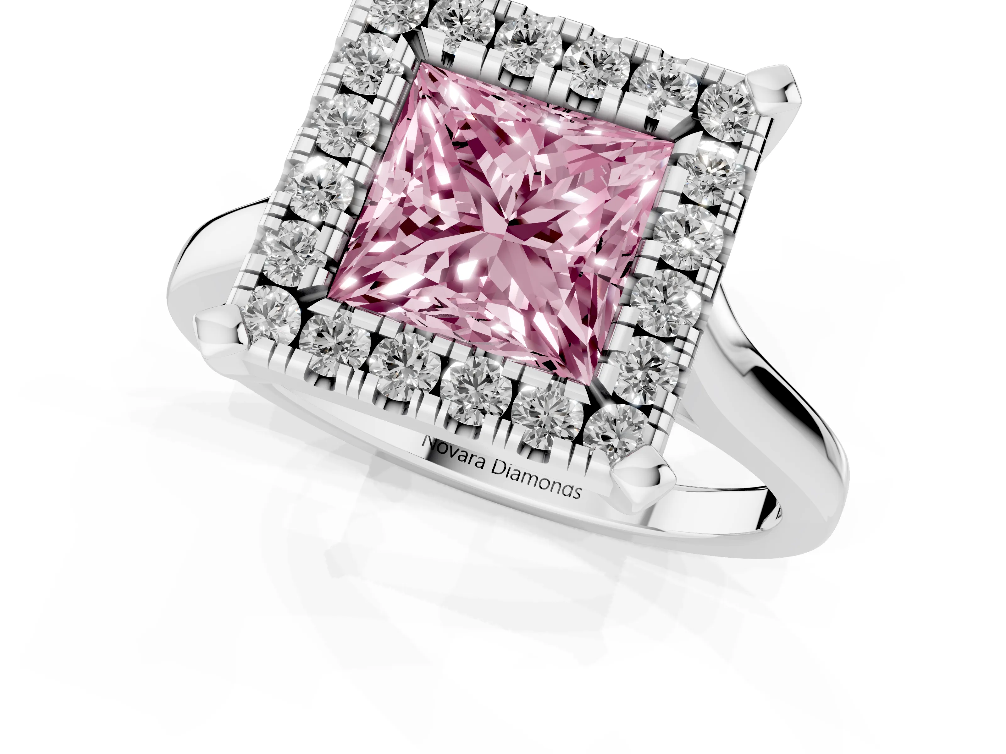 Fancy Pink Princess Cut Diamond Cluster Halo Solitaire Ring Set in Platinum with Prong Setting