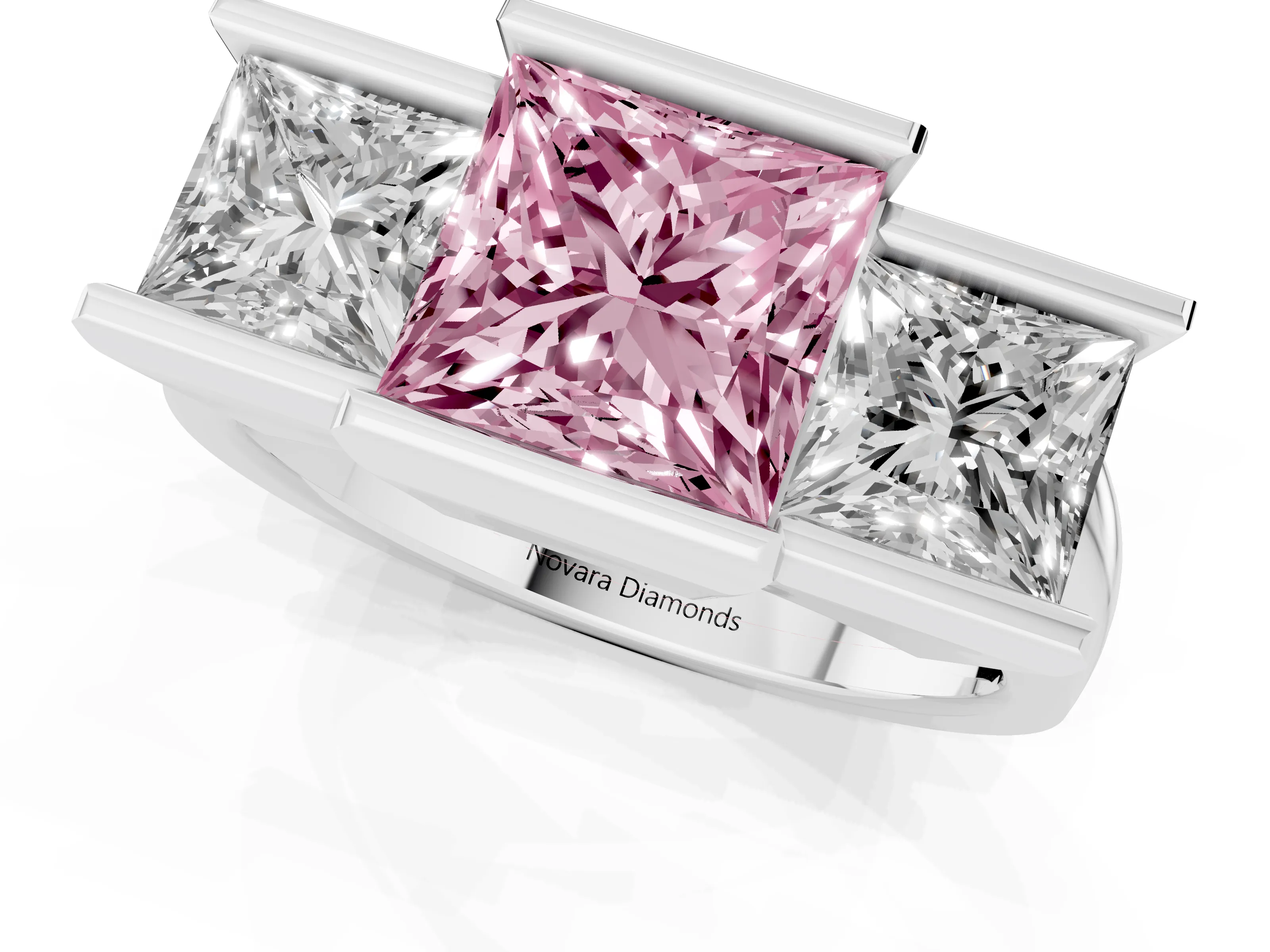 Fancy Pink Princess Cut Diamond Three-Stone Channel Set Ring Set in Platinum with Smooth Polished Band