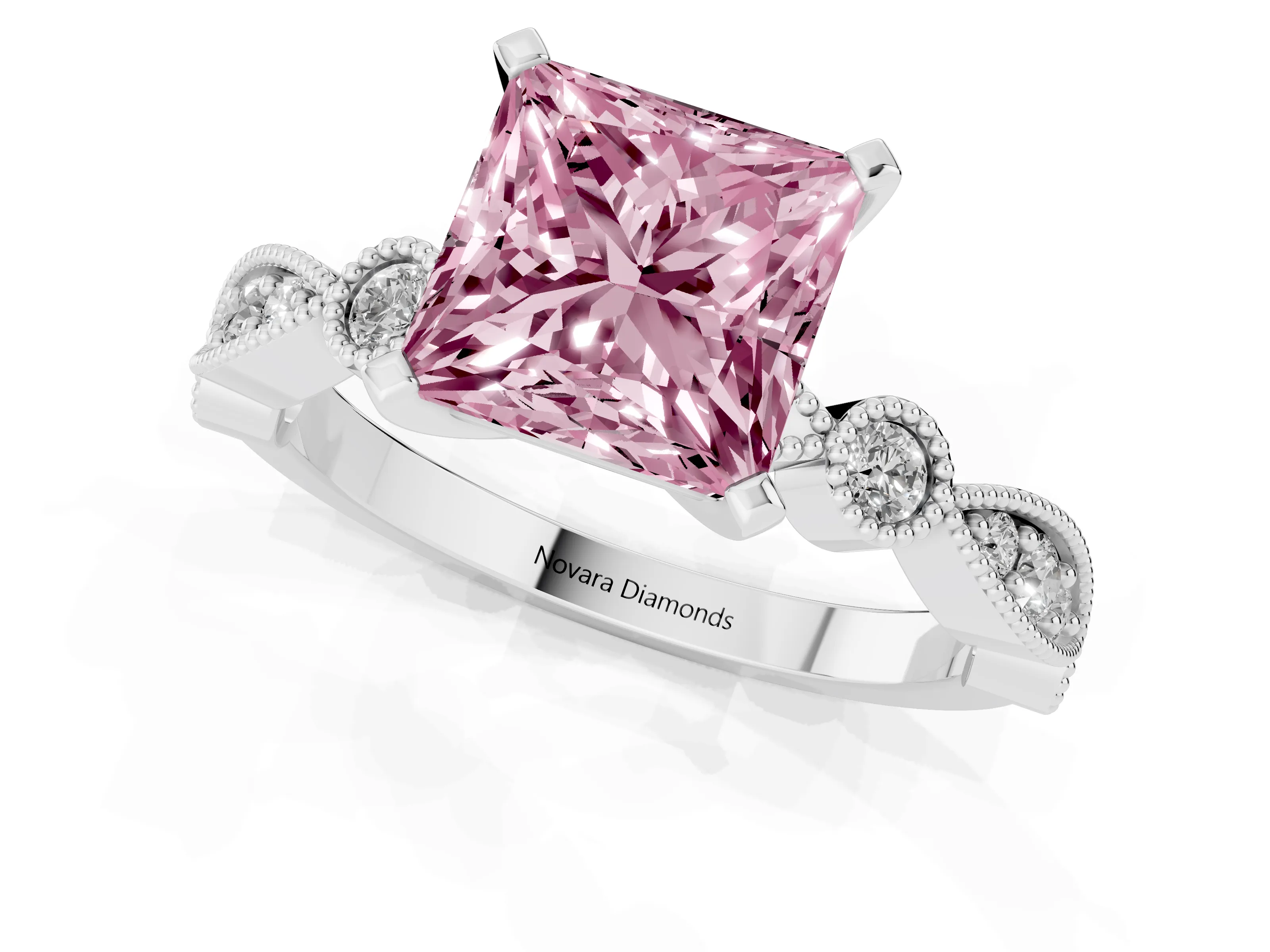 Fancy Pink Princess Cut Diamond Solitaire Engagement Ring Set in Silver with Milgrain Bezel Accent Band