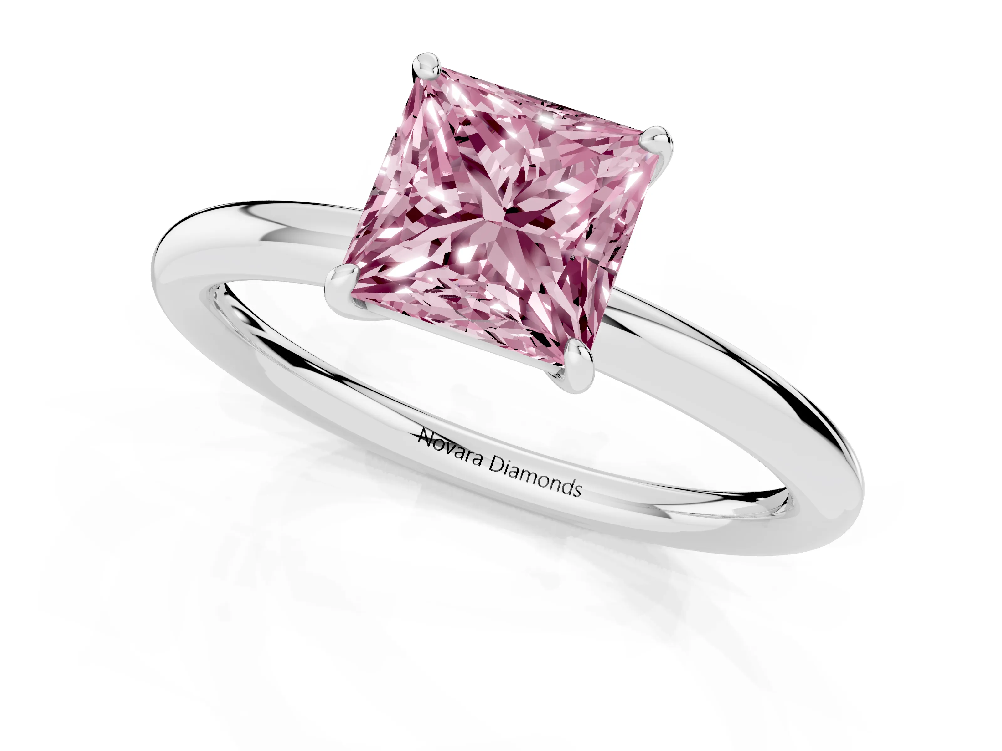Fancy Pink Princess Cut Diamond Solitaire Ring Set in Silver with Prong Setting on a Polished Plain Band