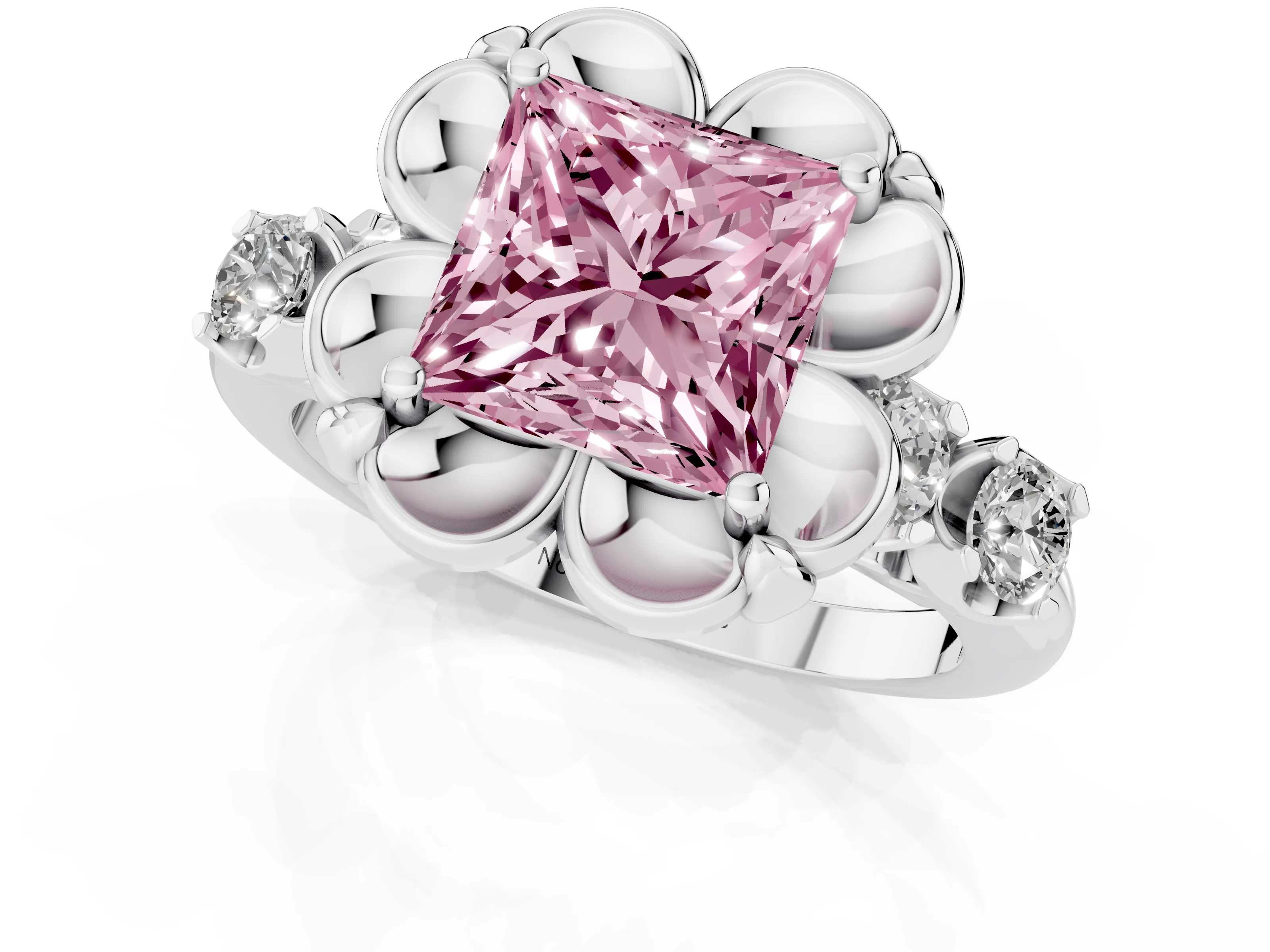 Fancy Pink Princess Cut Diamond Floral Halo Ring Set in Silver with Shared Prong Band