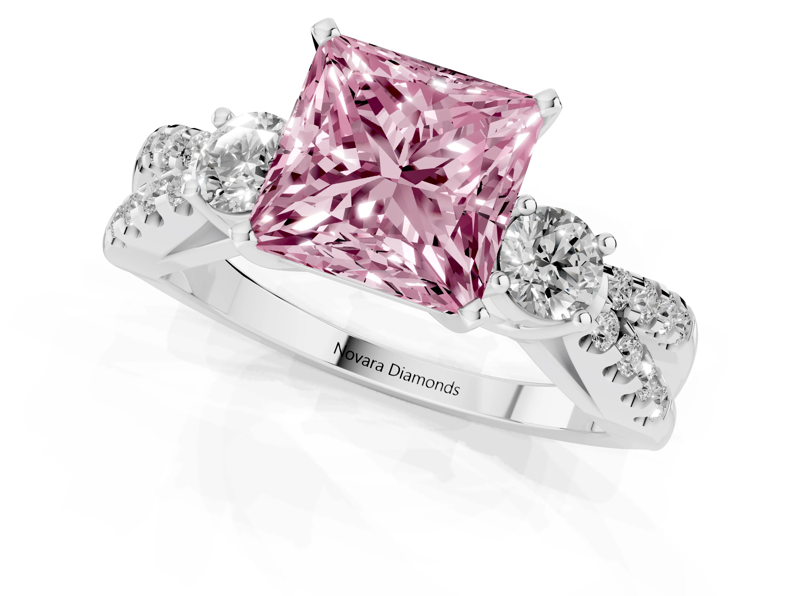 Fancy Pink Princess Cut Diamond Three-Stone Ring Set in White gold with Pavé Split Shank and Prong Setting