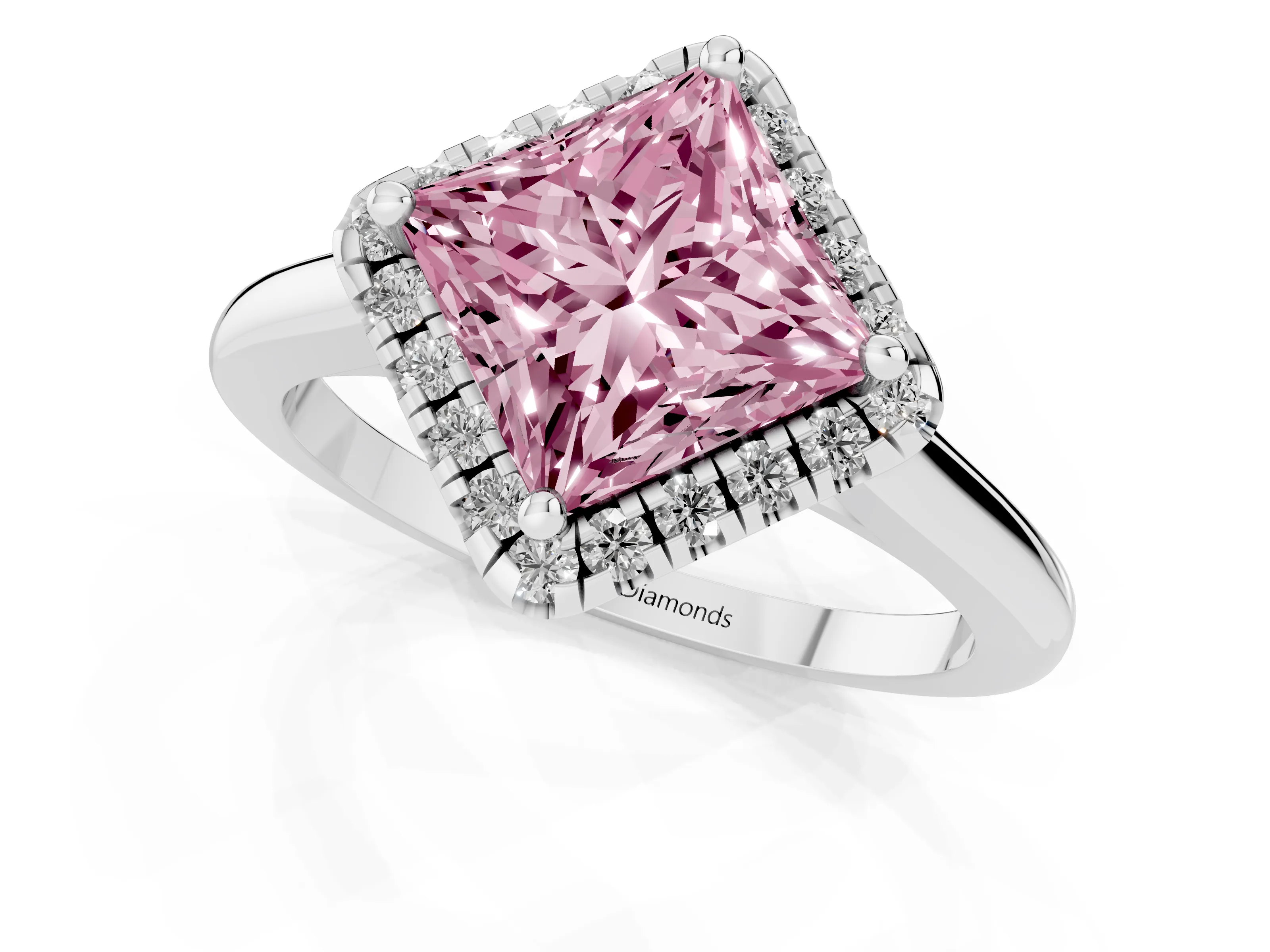 Fancy Pink Princess Cut Diamond Halo Engagement Ring Set in Platinum with Pavé Band and Rising Shoulders