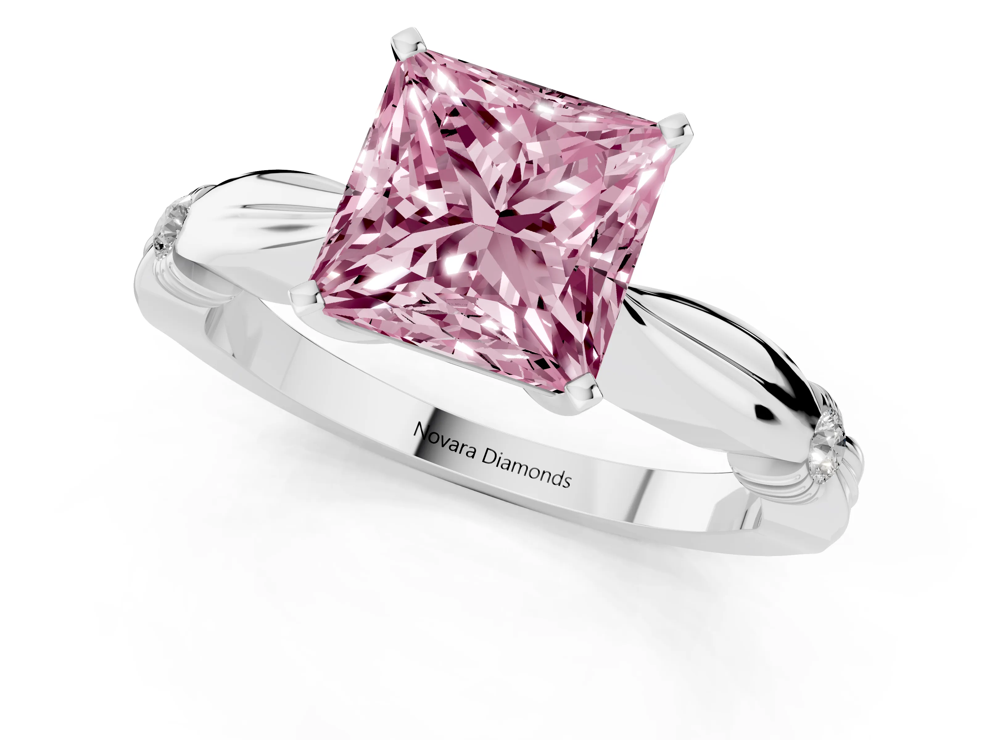 Fancy Pink Princess Cut Diamond Solitaire Twisted Band Ring Set in Silver with Accent Stones and Prong Setting – second view