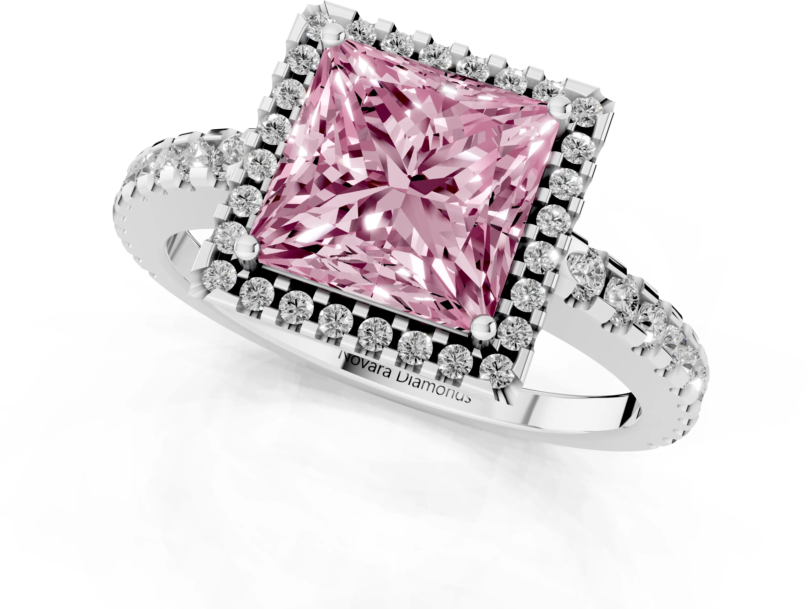 Fancy Pink Princess Cut Diamond Halo Ring Set in Platinum with Pavé Shoulders and Halo-Framed Center – second view