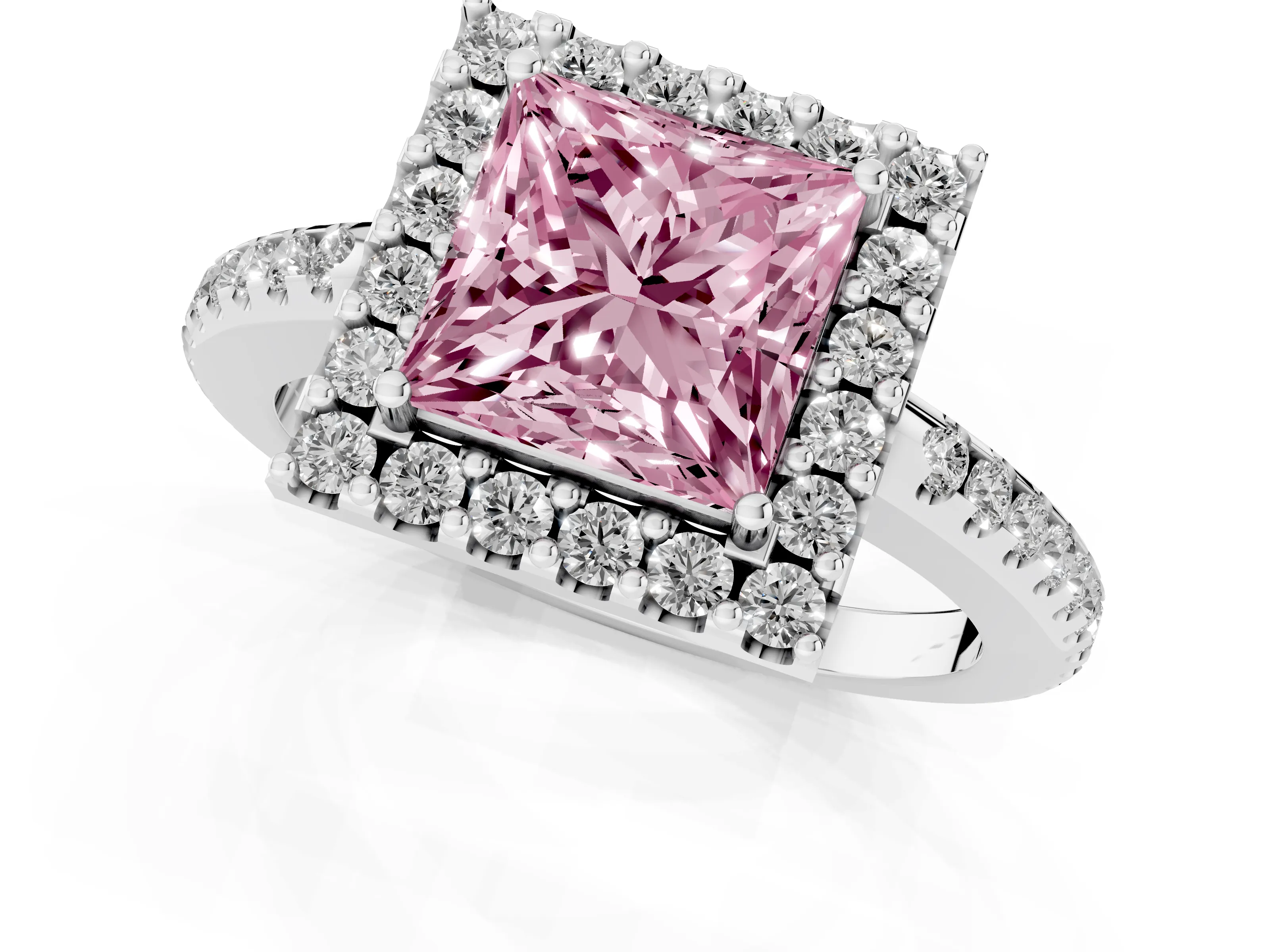 Fancy Pink Princess Cut Diamond Pavé Halo Ring Set in Platinum with Prong Setting