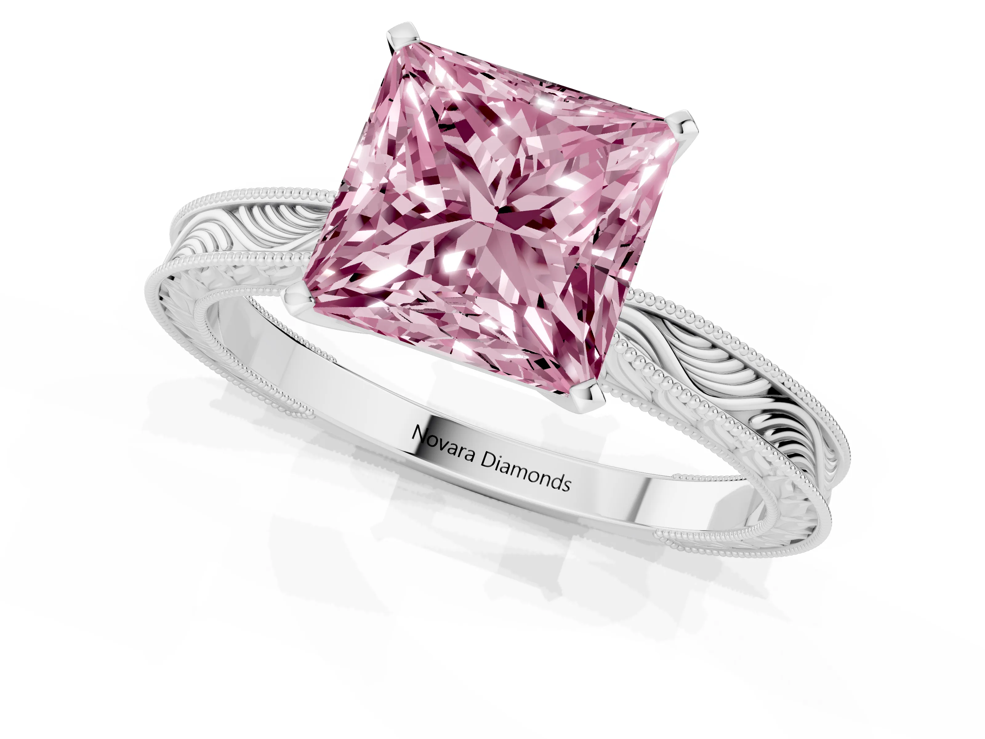 Fancy Pink Princess Cut Diamond Solitaire Milgrain Engraved Band Set in Platinum with Prong Setting
