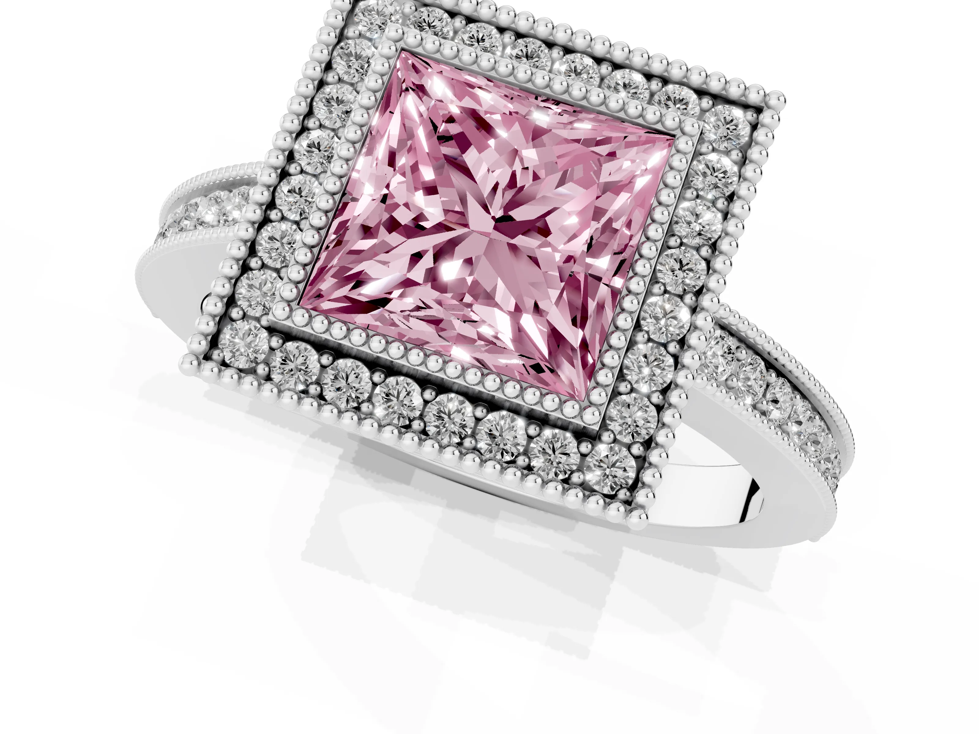 Fancy Pink Princess Cut Diamond Halo Ring Set in White gold with Pavé Band and Milgrain-Edged Prongs