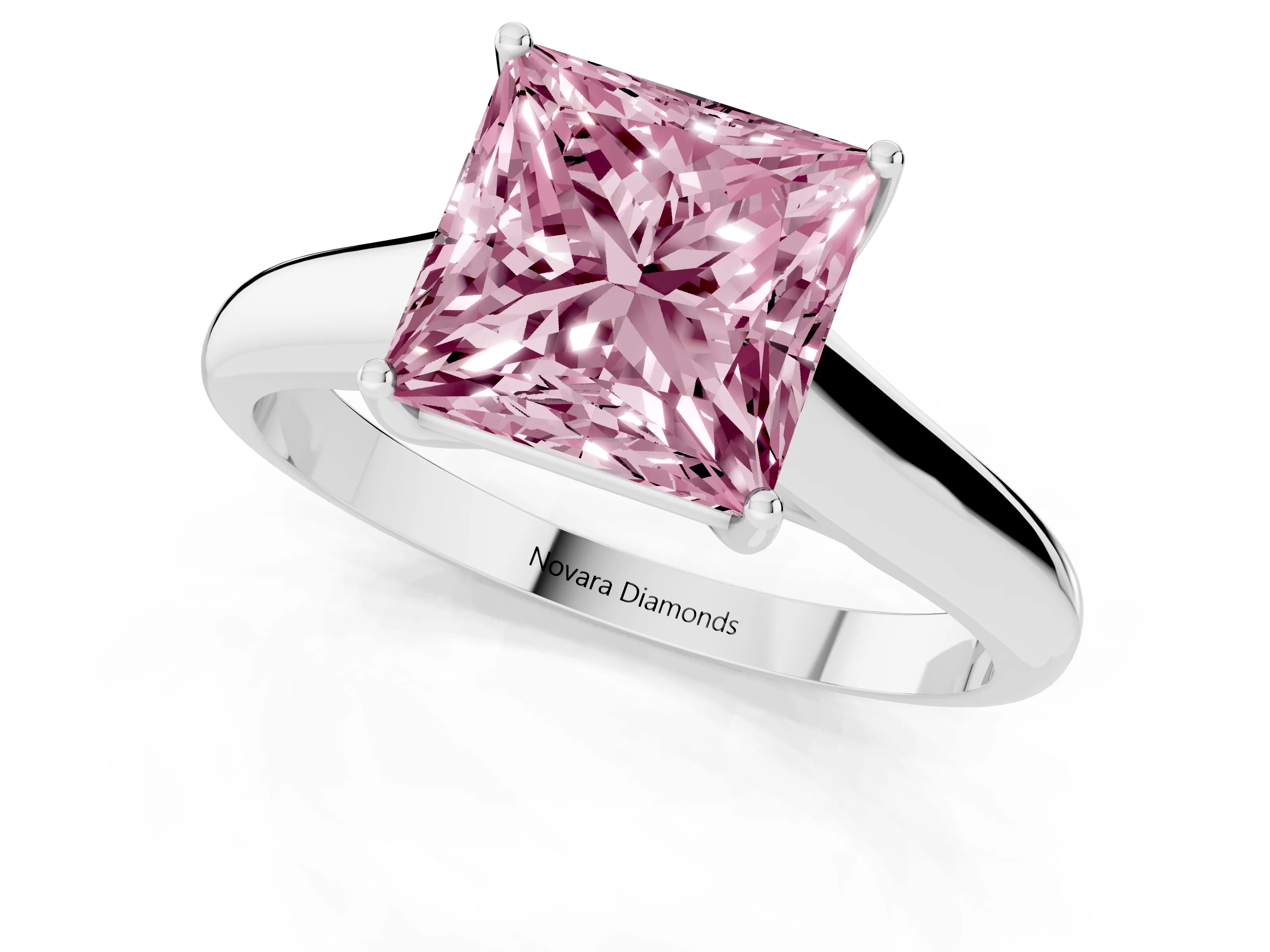 Fancy Pink Princess Cut Diamond Solitaire Engagement Ring Set in White gold with Subtly Tapered Band and Prong Setting