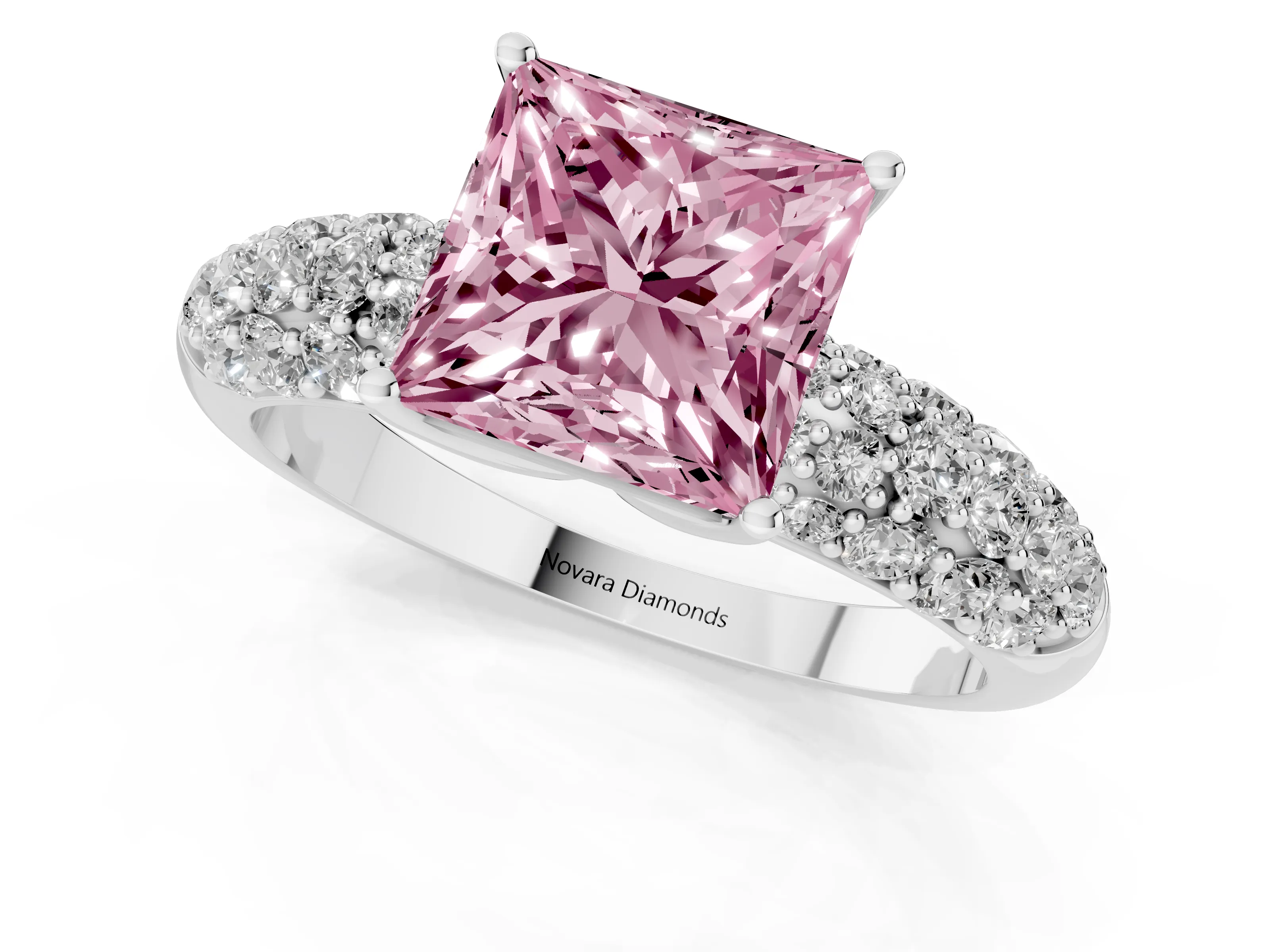 Fancy Pink Princess Cut Diamond Pavé Band Solitaire Ring Set in White gold with Close-Set Accent Stones and Prong Setting