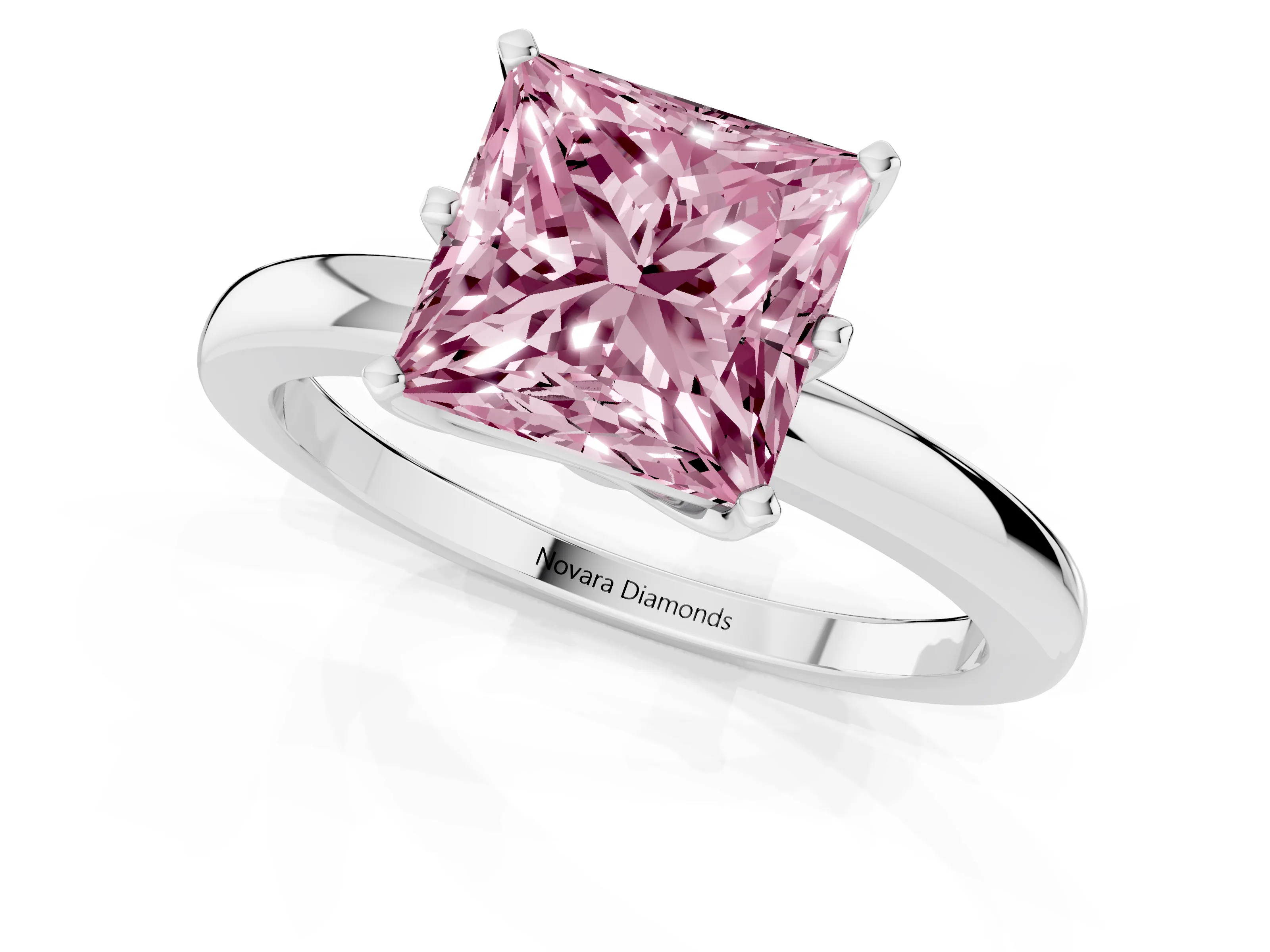 Fancy Pink Princess Cut Diamond Solitaire Ring Set in White gold with Raised Prong Setting on a Classic Band