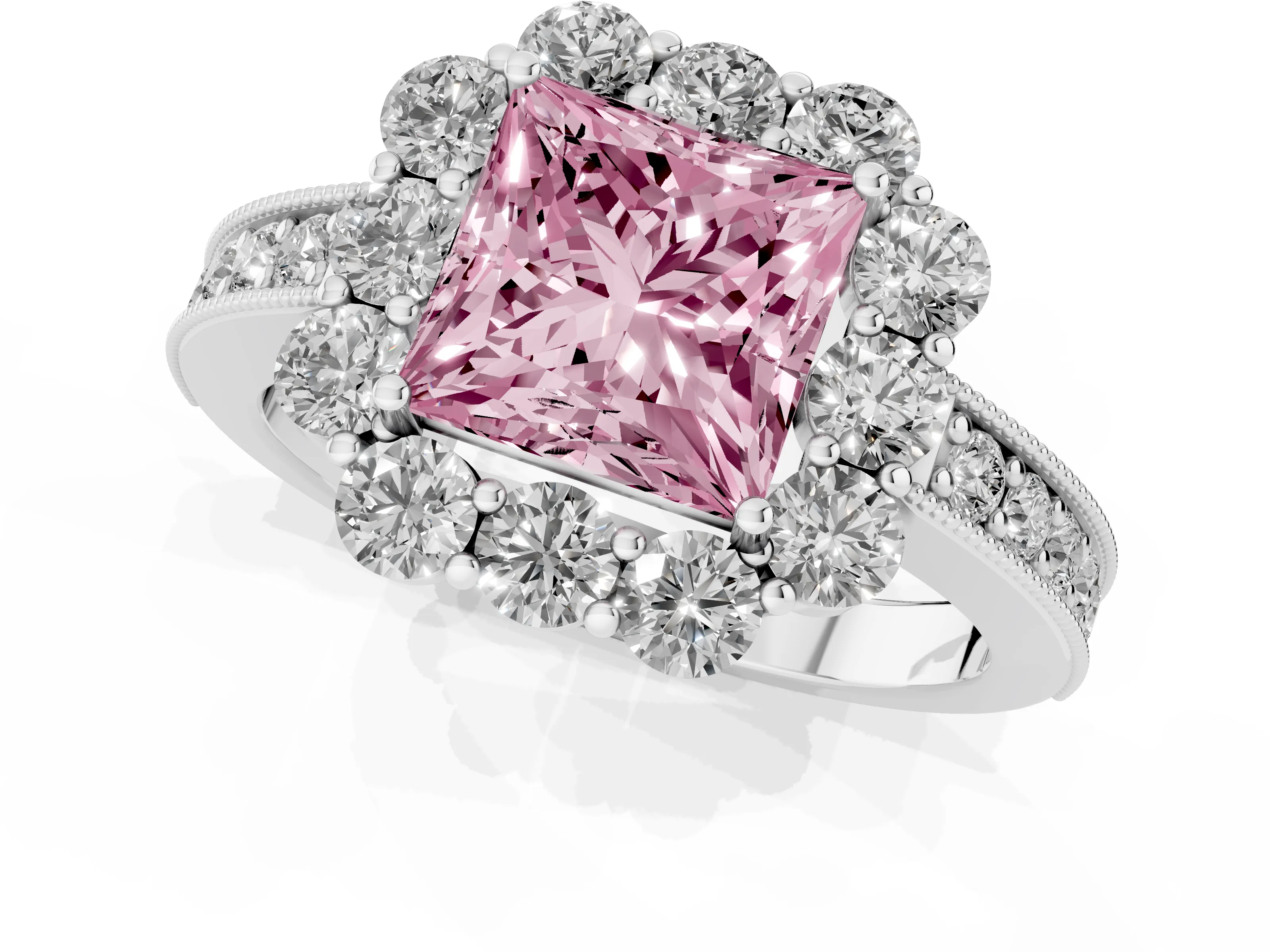Fancy Pink Princess Cut Diamond Halo Pavé Engagement Ring Set in White gold with Milgrain Detailing