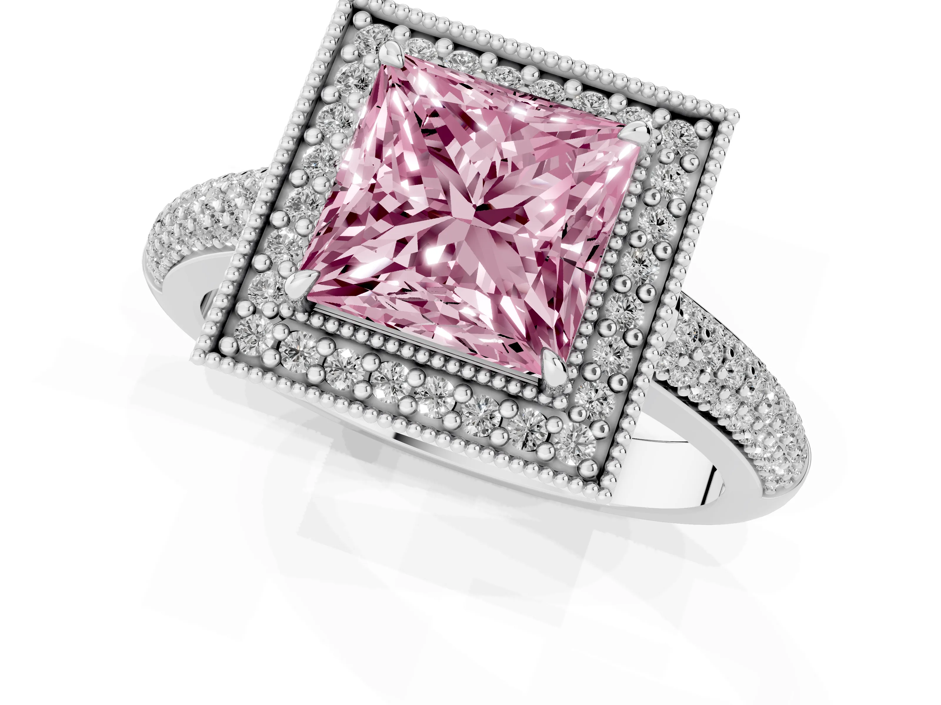 Fancy Pink Princess Cut Diamond Halo Pavé Band Set in White gold with Prong Setting