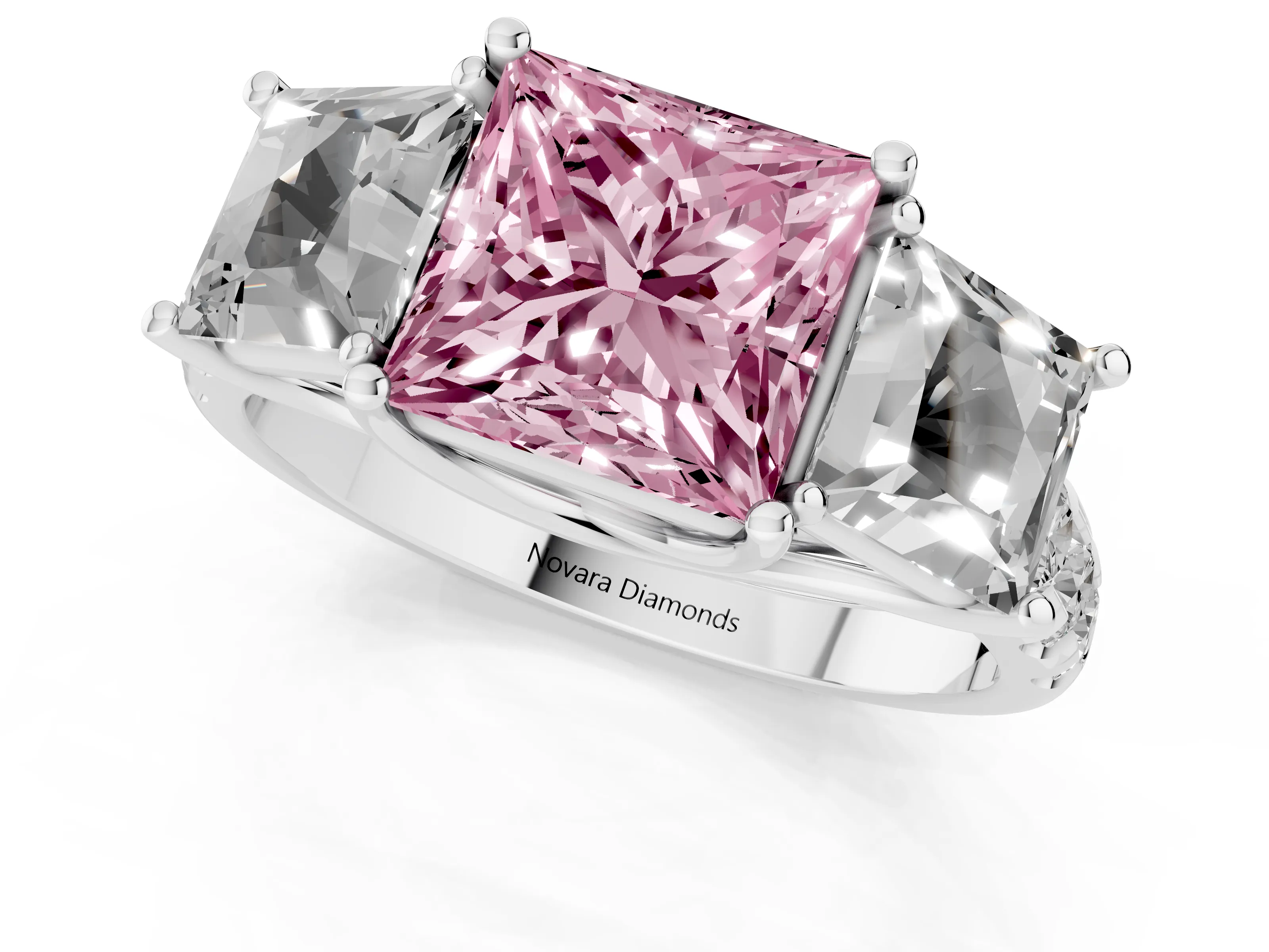 Fancy Pink Princess Cut Diamond Three-Stone Ring Set in Silver with Pavé Band