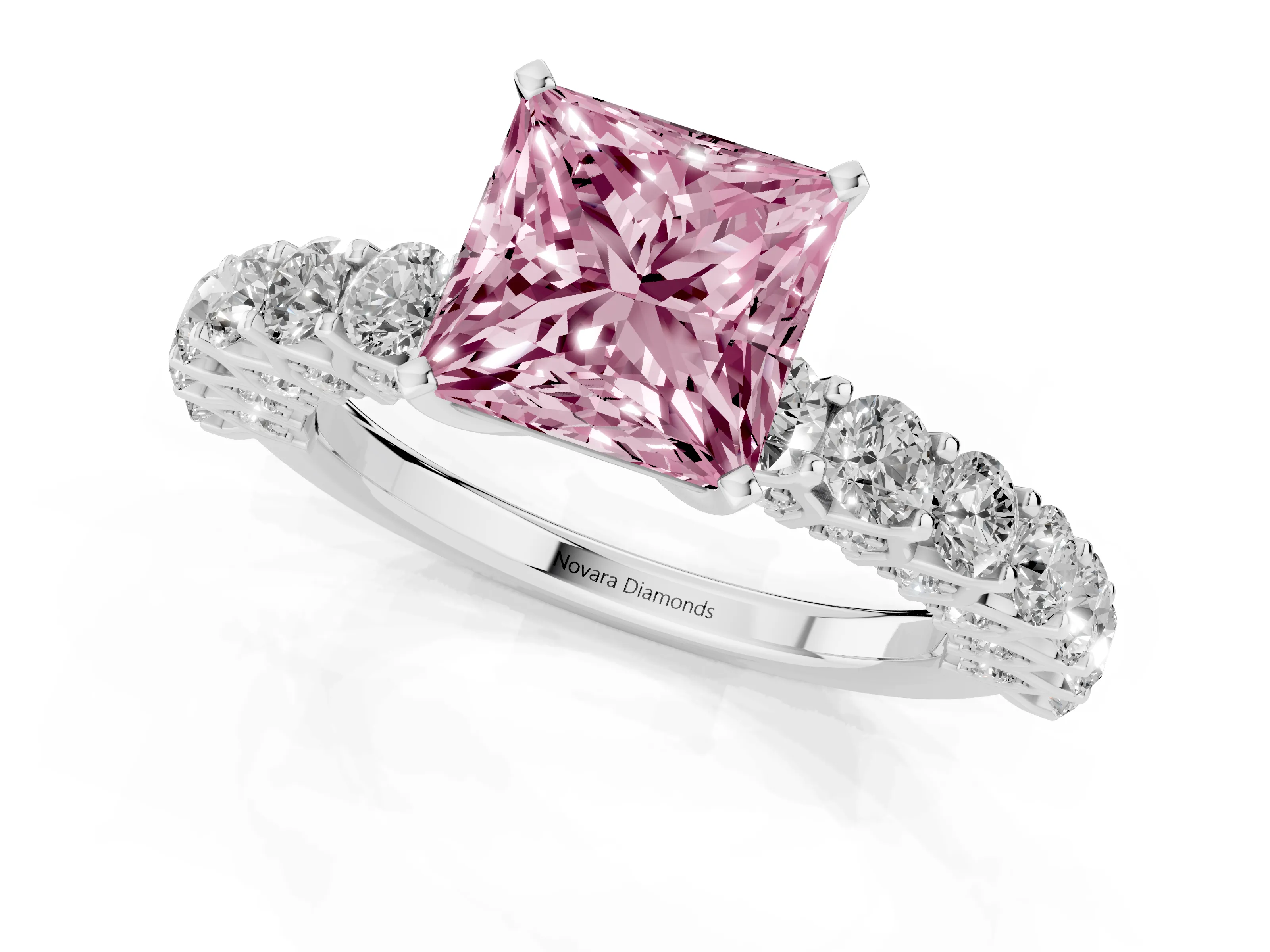 Fancy Pink Princess Cut Diamond Solitaire Ring Set in Platinum with Shared Prong Pavé Band