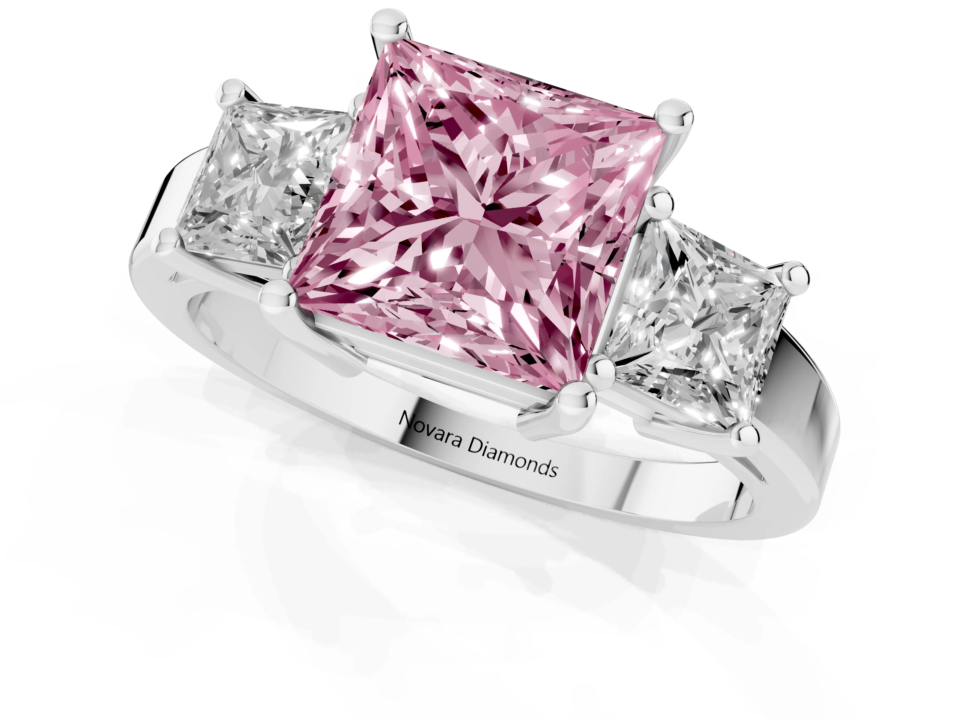 Fancy Pink Three-Stone Princess Cut Diamond Solitaire Ring Set in Platinum with Prong Setting