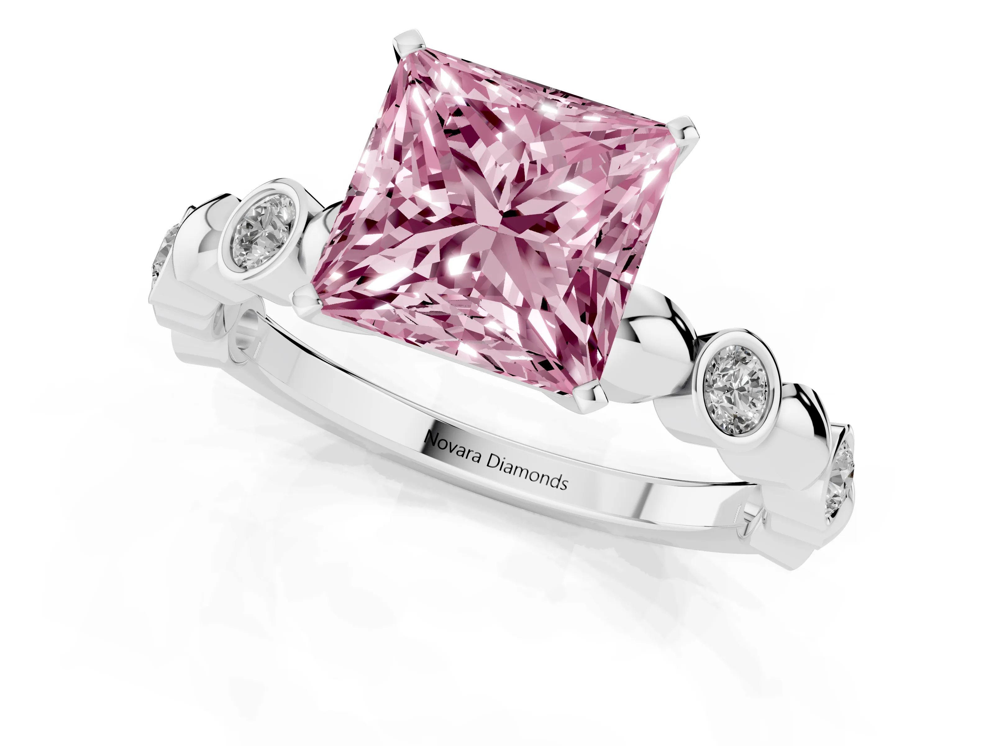 Fancy Pink Princess Cut Diamond Solitaire Ring Set in Silver with Bezel-Set Accents on Beaded Band and Prong Setting