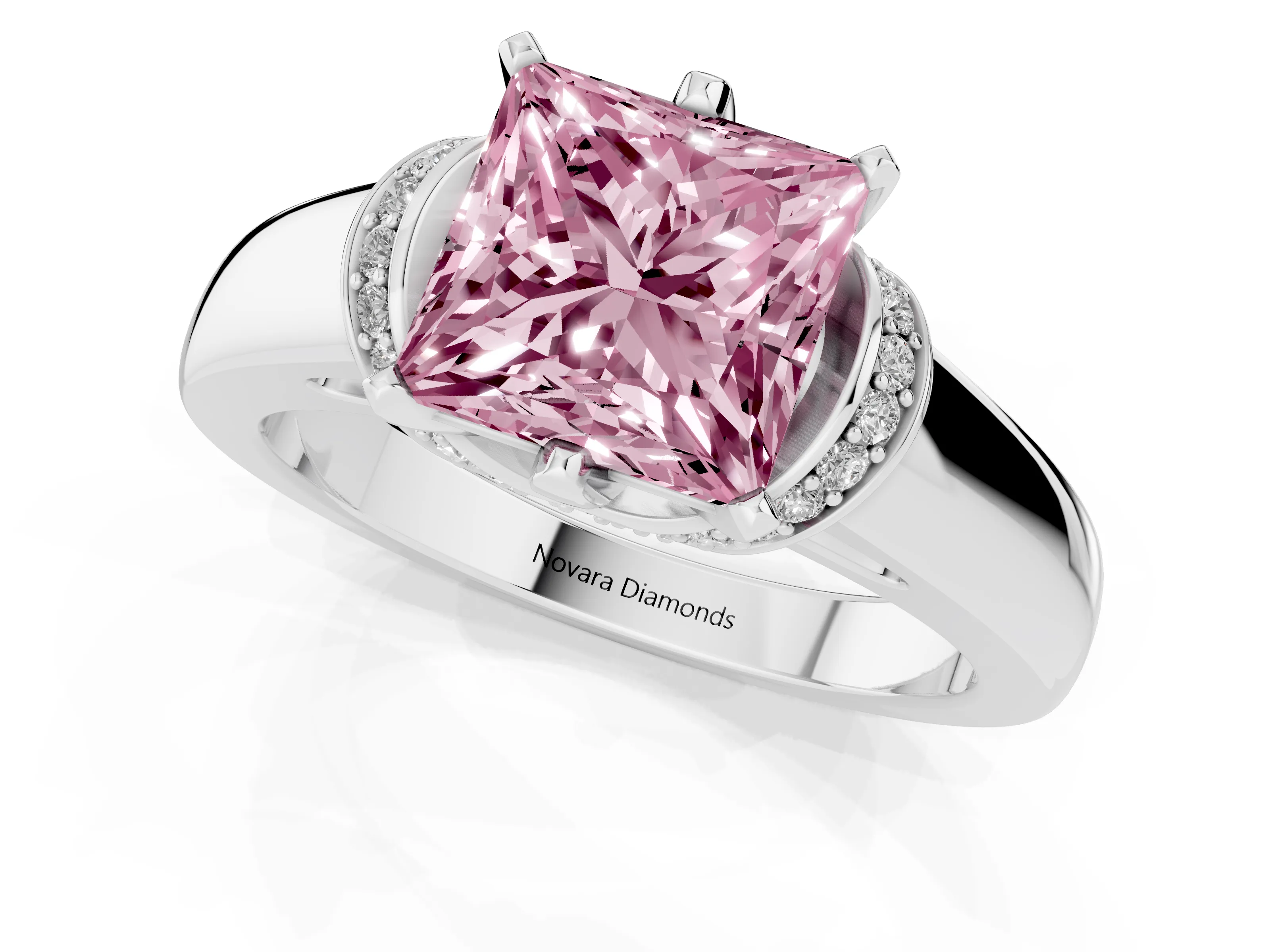 Fancy Pink Princess Cut Diamond Pavé Band Solitaire Ring Set in Platinum with Prong Setting