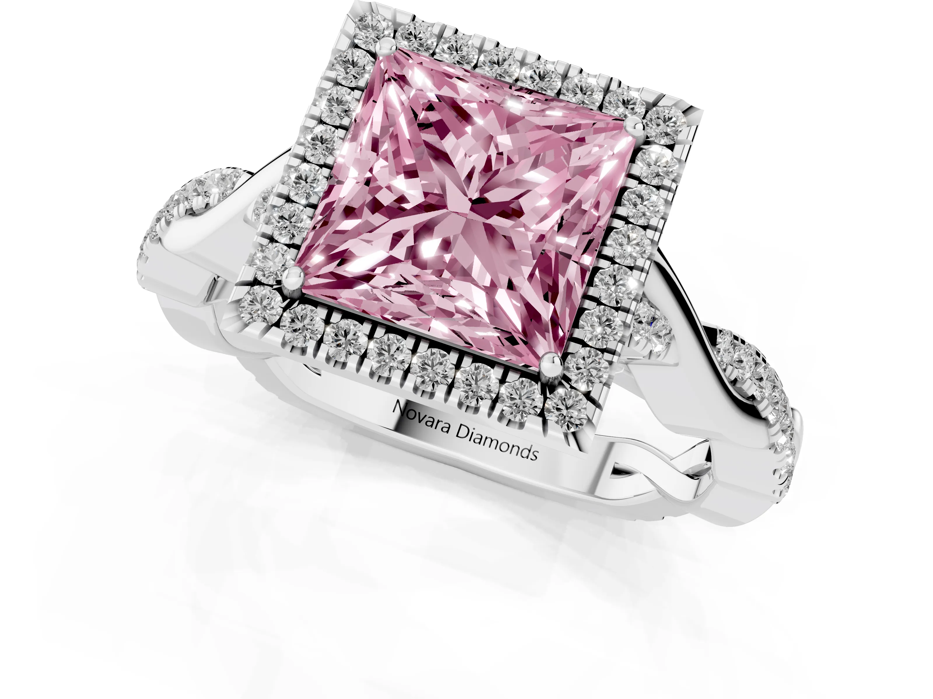 Fancy Pink Princess Cut Diamond Halo Twist Band Solitaire Ring Set in Platinum with Prong Setting