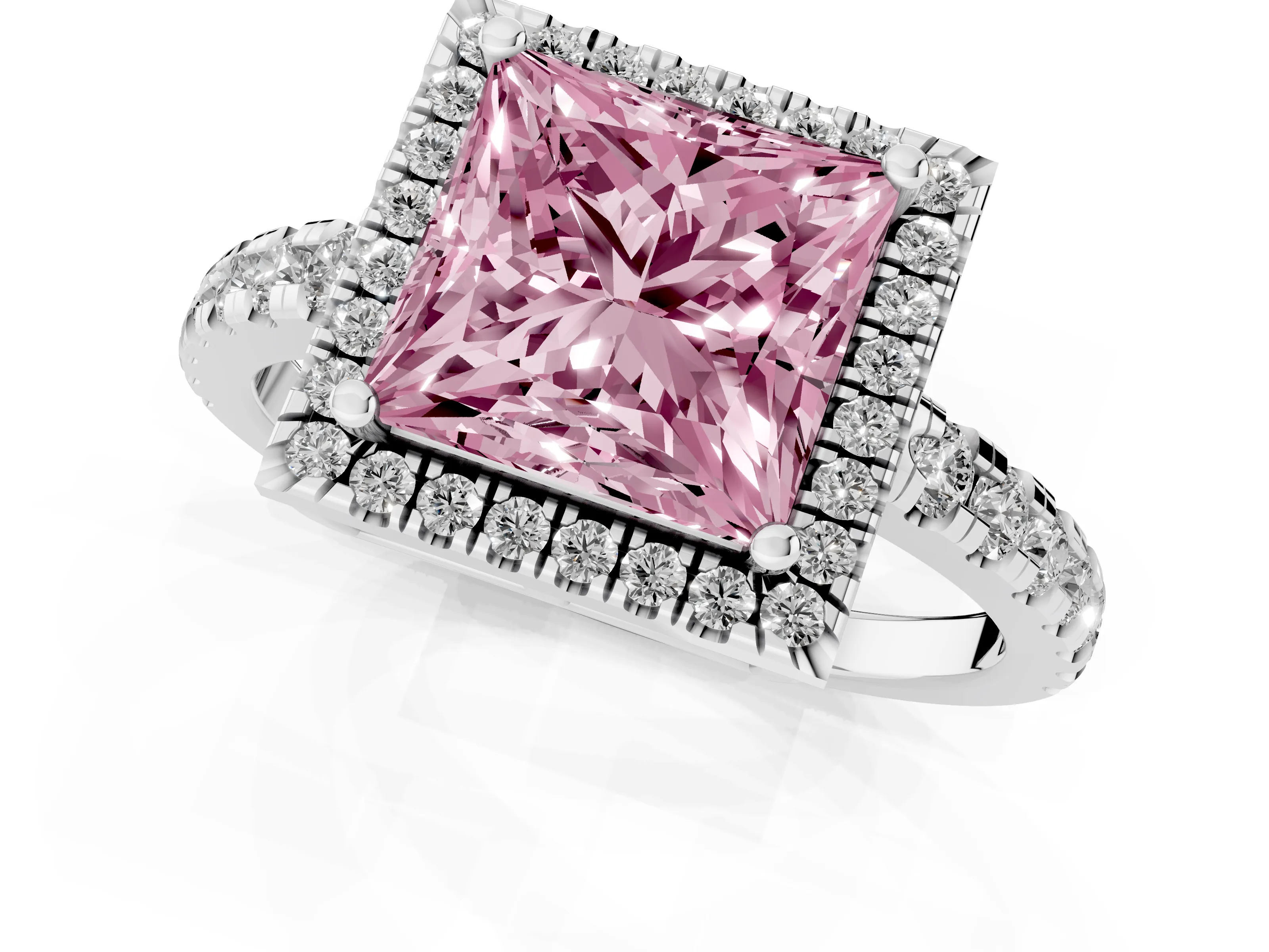 Fancy Pink Princess Cut Diamond Halo Ring Set in White gold with Delicate Pavé Band and Prong Setting