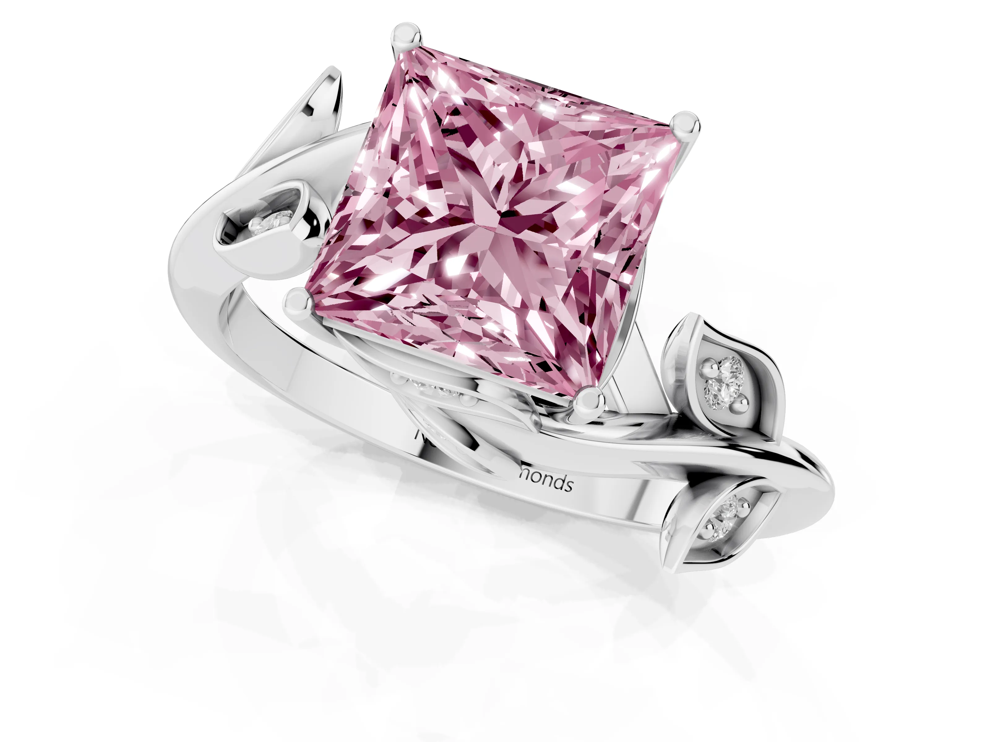 Fancy Pink Princess Cut Diamond Solitaire Twist Engagement Ring Set in White gold with Pavé Leaf Accents