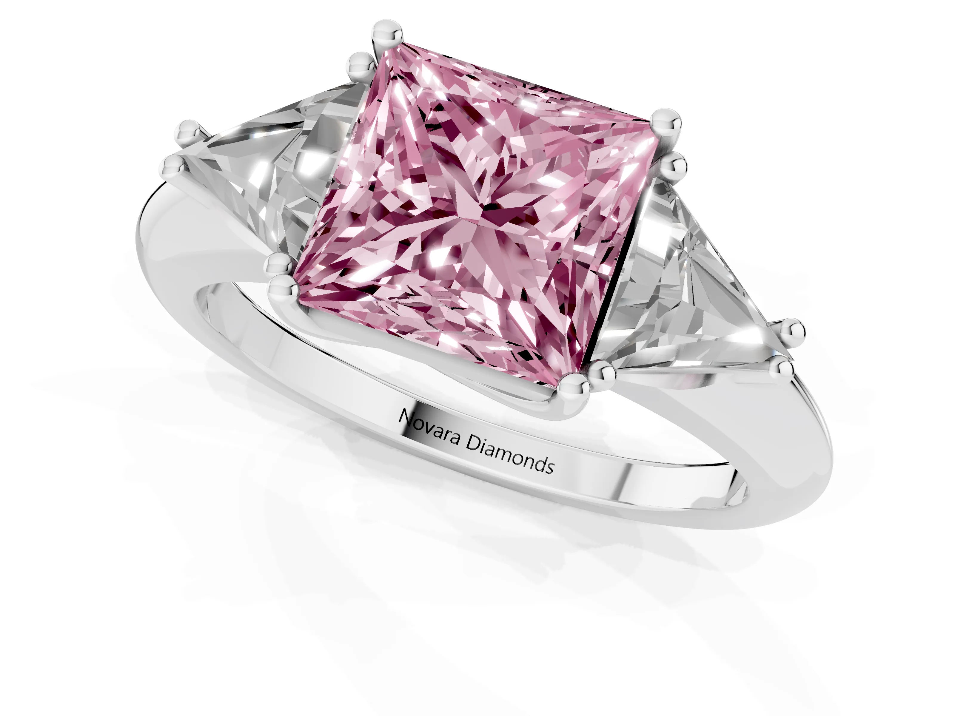 Fancy Pink Princess Cut Diamond Three-Stone Engagement Ring Set in Silver with Trillion Side Stones