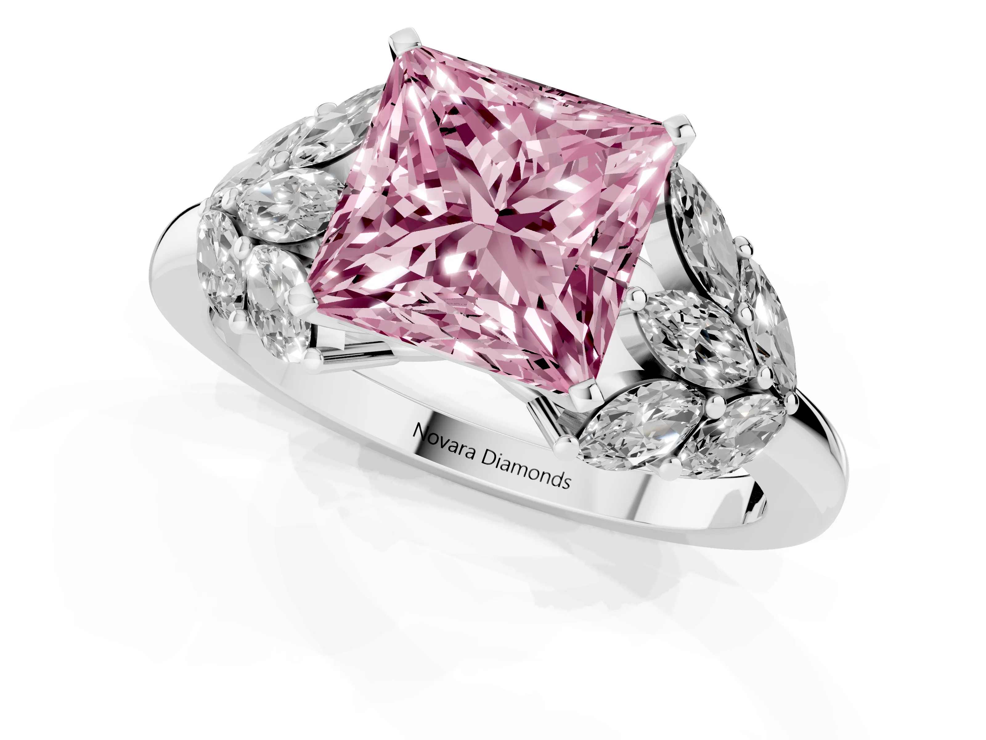Fancy Pink Princess Cut Diamond Cluster Leaf Design Ring Set in White gold with Prong Setting