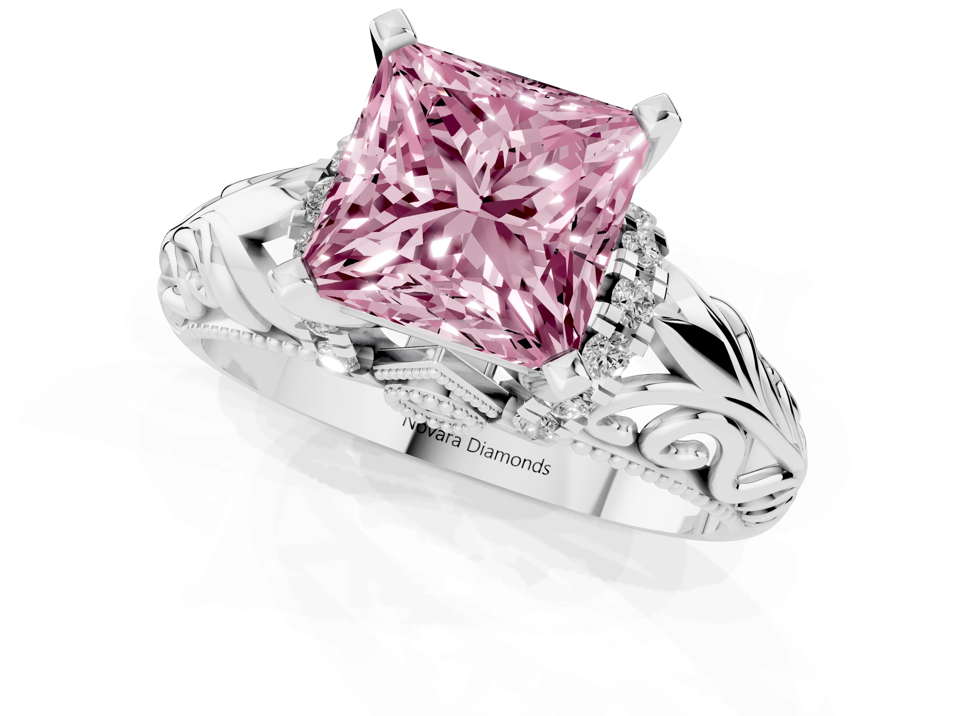 Fancy Pink Princess Cut Diamond Filigree Halo Engagement Ring Set in White gold with Prong Setting