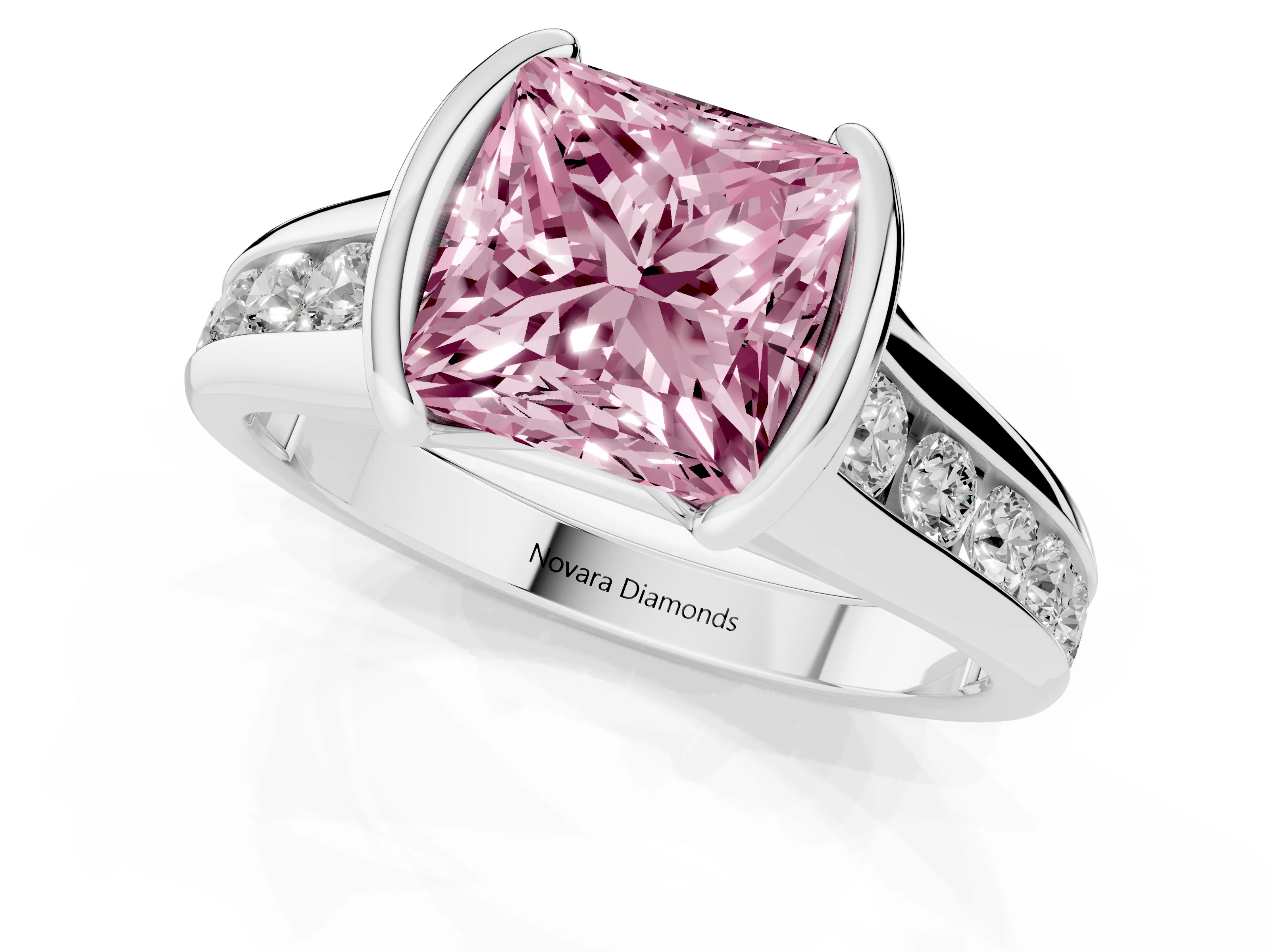 Fancy Pink Princess Cut Diamond Bezel-Set Solitaire Ring Set in Silver with Channel-Set Band