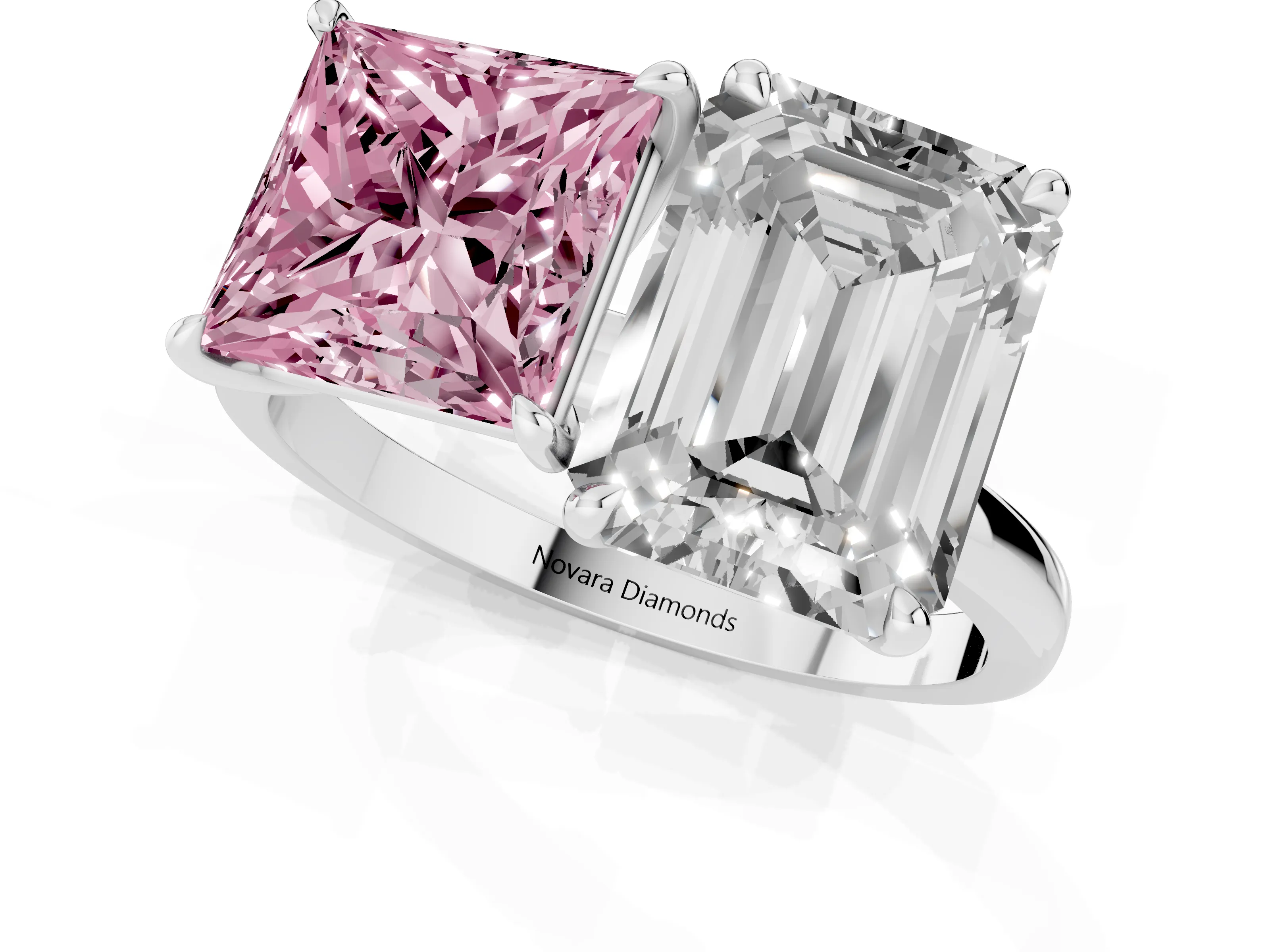 Fancy Pink Princess Cut and Emerald Cut Toi Moi Ring Set in White gold with Prong Setting