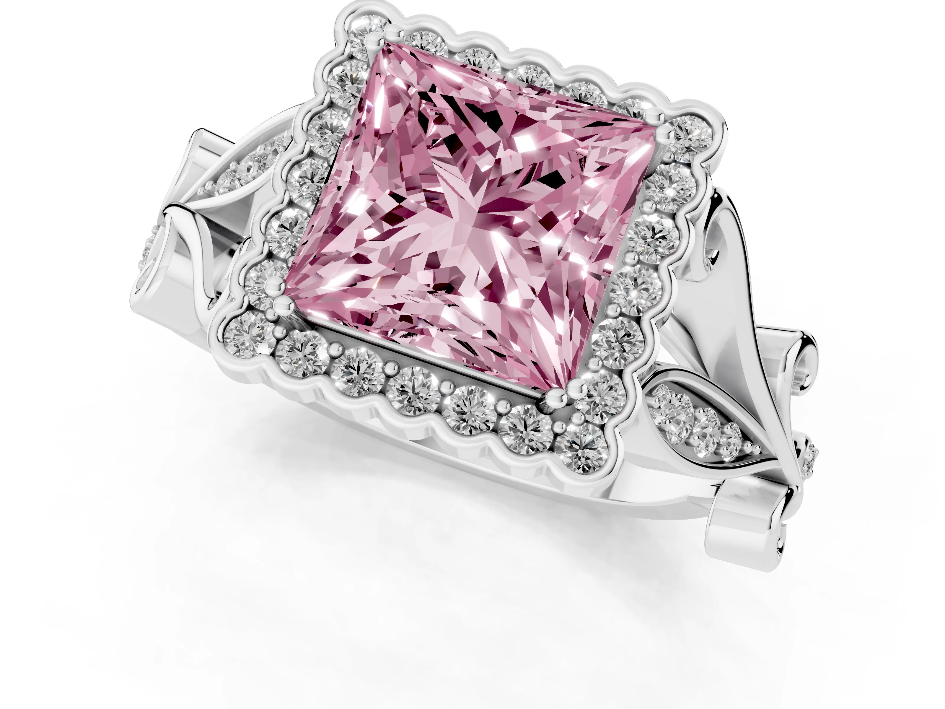 Fancy Pink Princess Cut Diamond Halo Ring Set in White gold with Leaf Motif Split Shank and Prong Setting