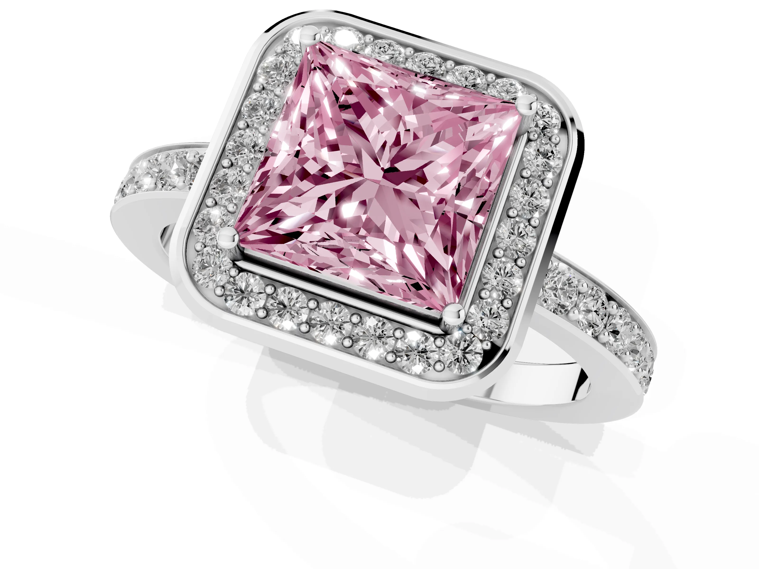 Fancy Pink Princess Cut Diamond Halo Ring Set in Silver with Bezel Frame and Pavé Band