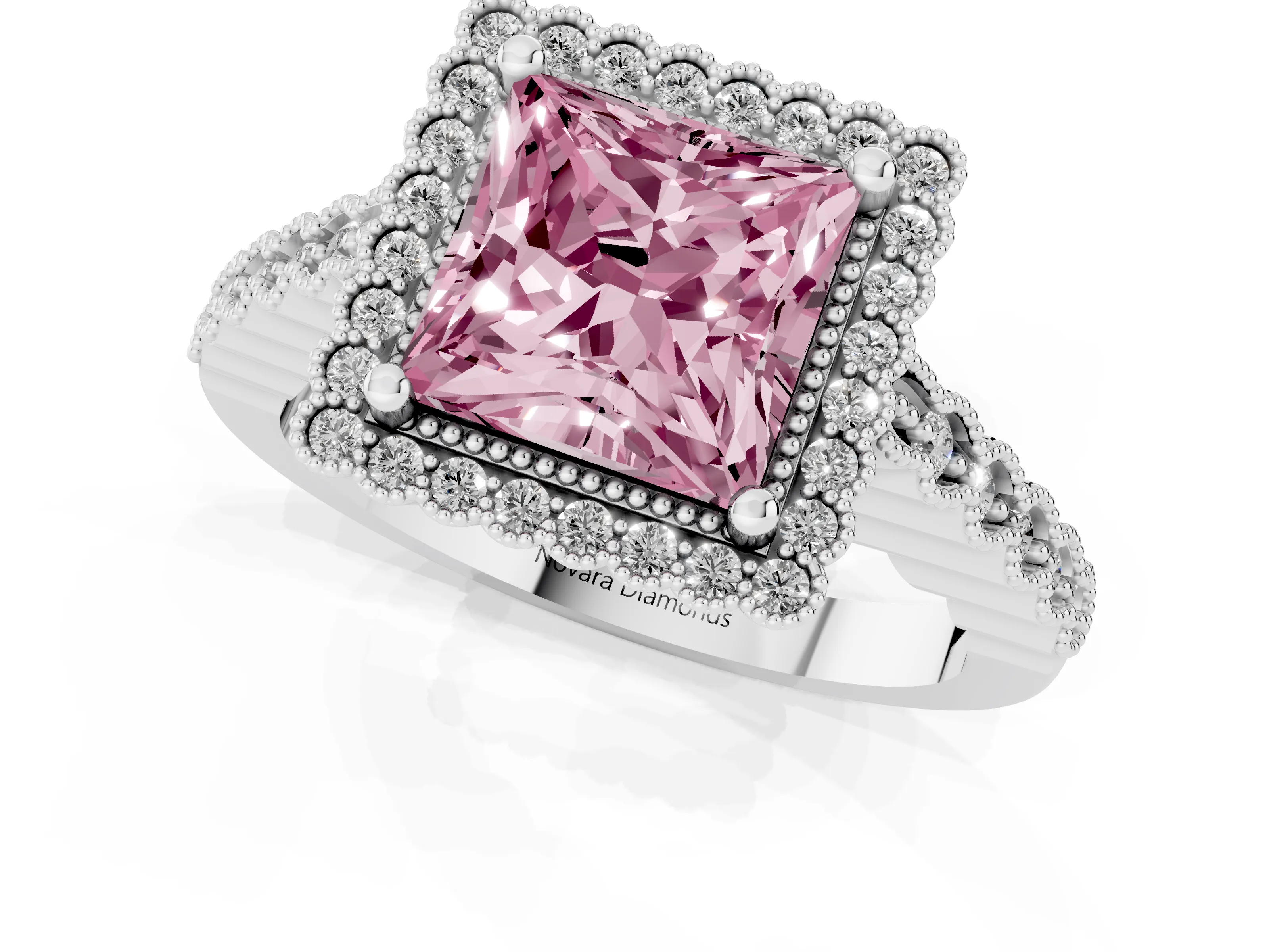 Fancy Pink Princess Cut Diamond Halo Ring Set in White gold with Pavé Milgrain Band – second view