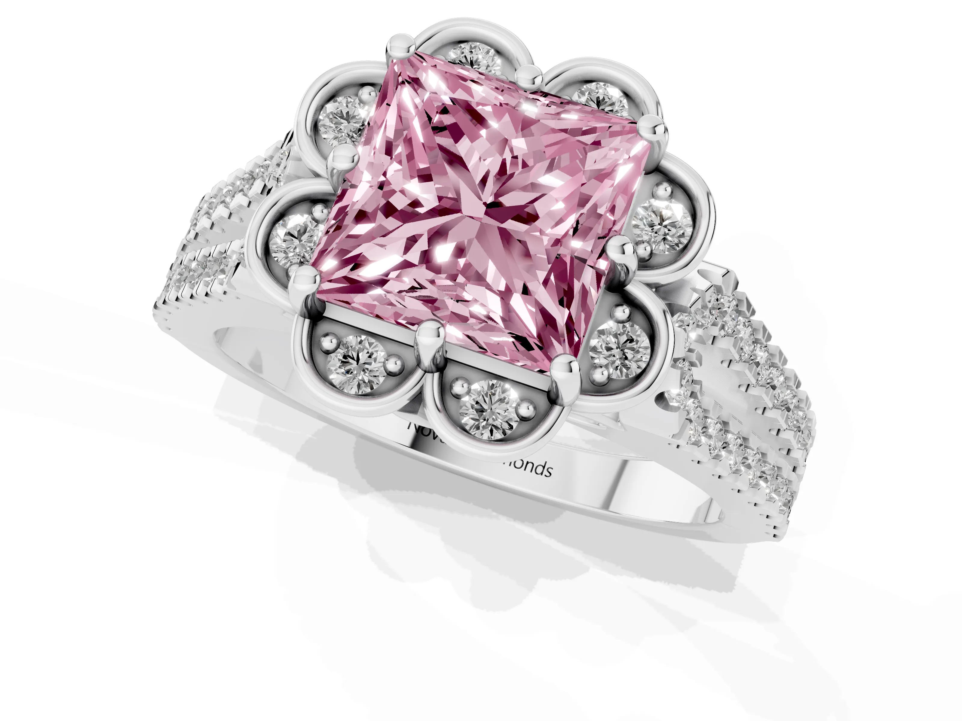 Fancy Pink Princess Cut Diamond Floral Halo Split Shank Engagement Ring Set in White gold with Pavé Shank