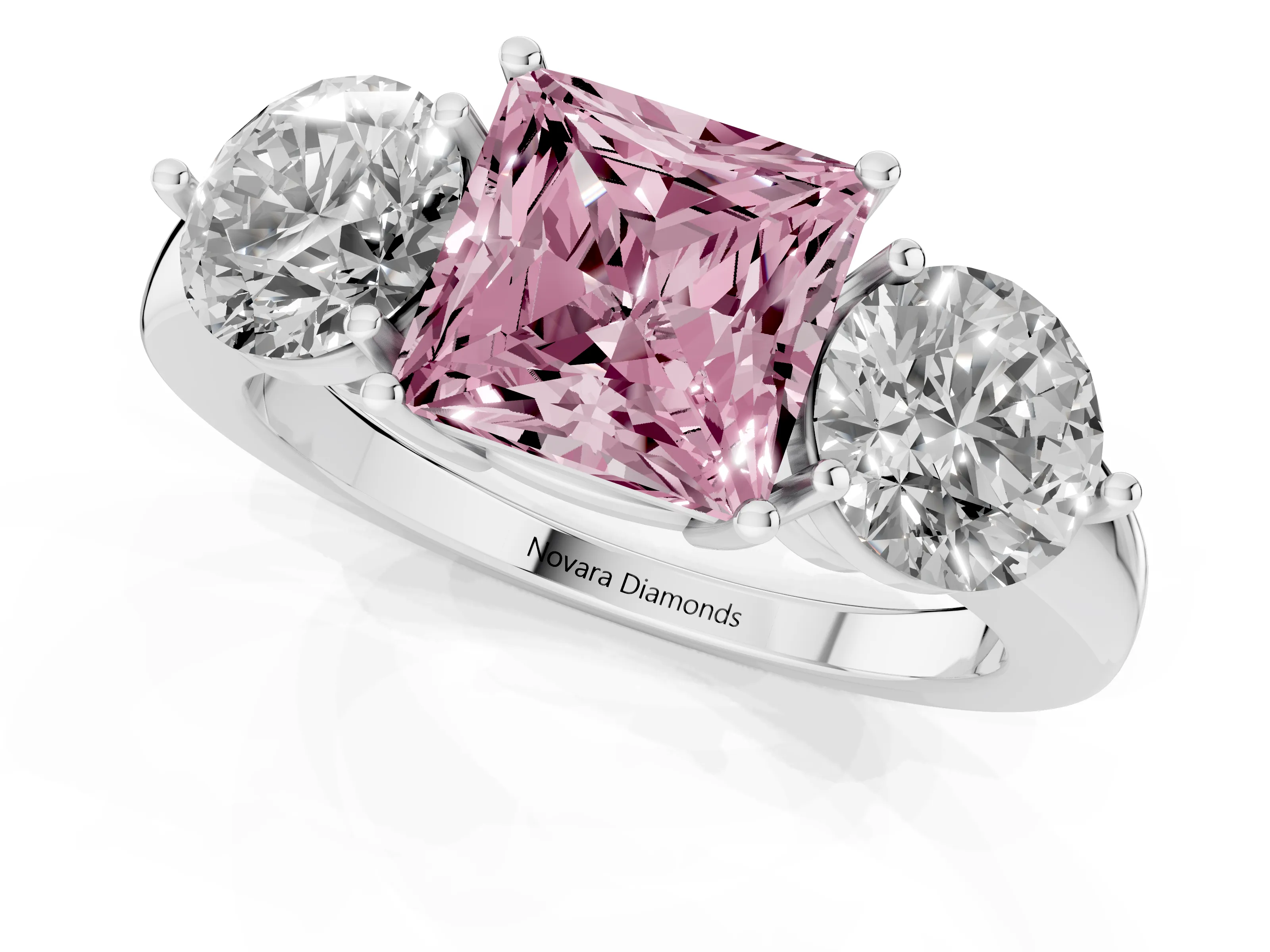 Fancy Pink Princess Cut Diamond Three-Stone Ring Set in Platinum with Prong Setting and Plain Band – second view
