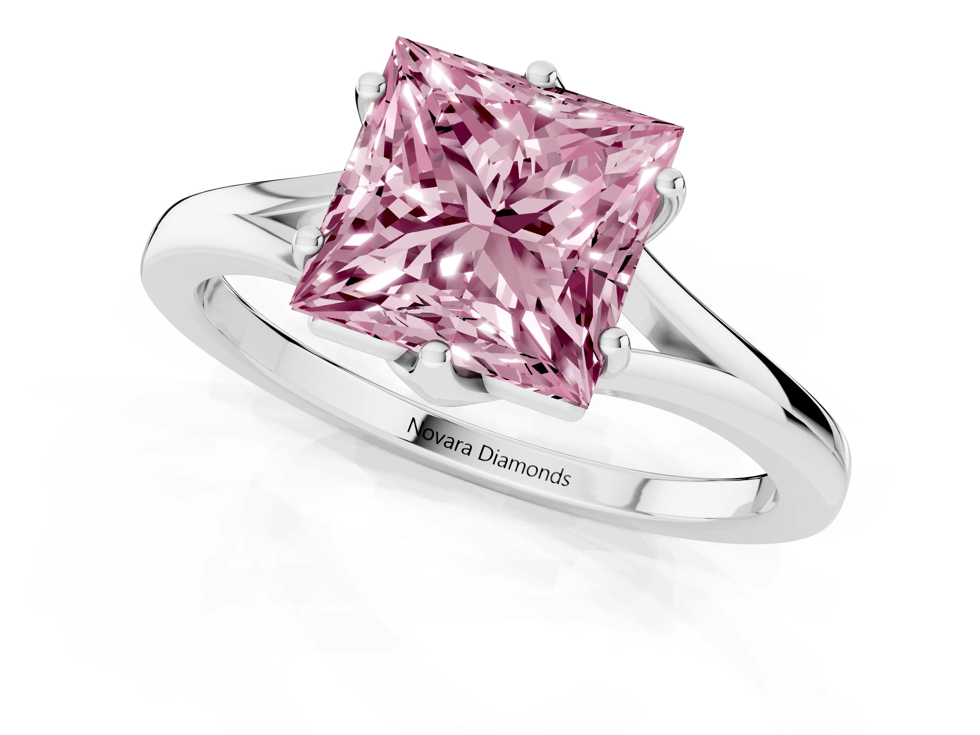 Fancy Pink Princess Cut Diamond Solitaire Ring Set in Platinum with Polished Tapered Band and Prong Setting