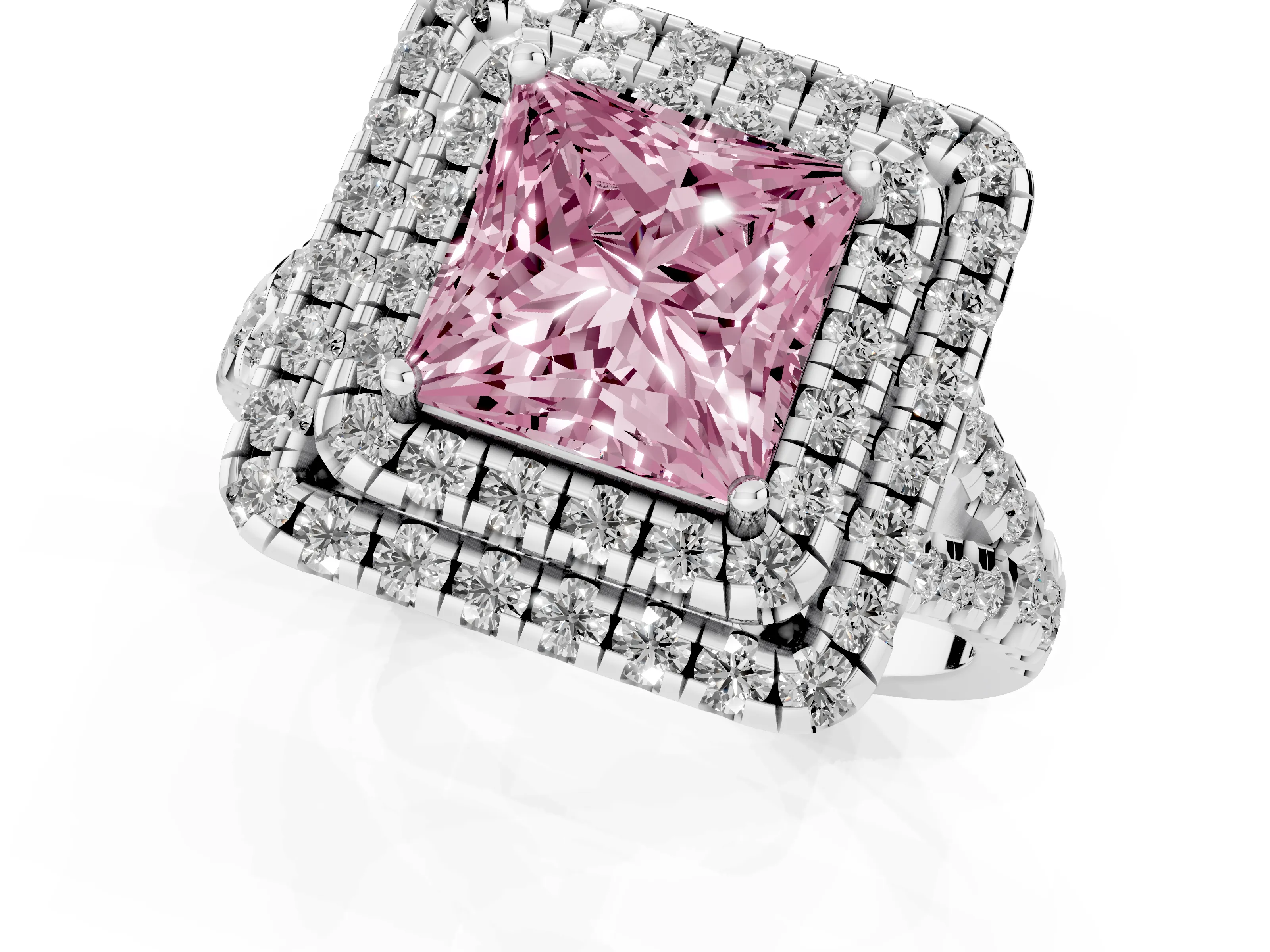 Fancy Pink Princess Cut Diamond Double Halo Ring Set in White gold with Pavé Split Shank and Prong Setting